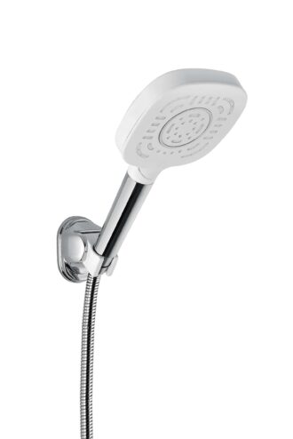 סט מזלף מקלח יד + צינור ומתלה למקלחת, דורה DORA צבע לבן בשילוב כרום