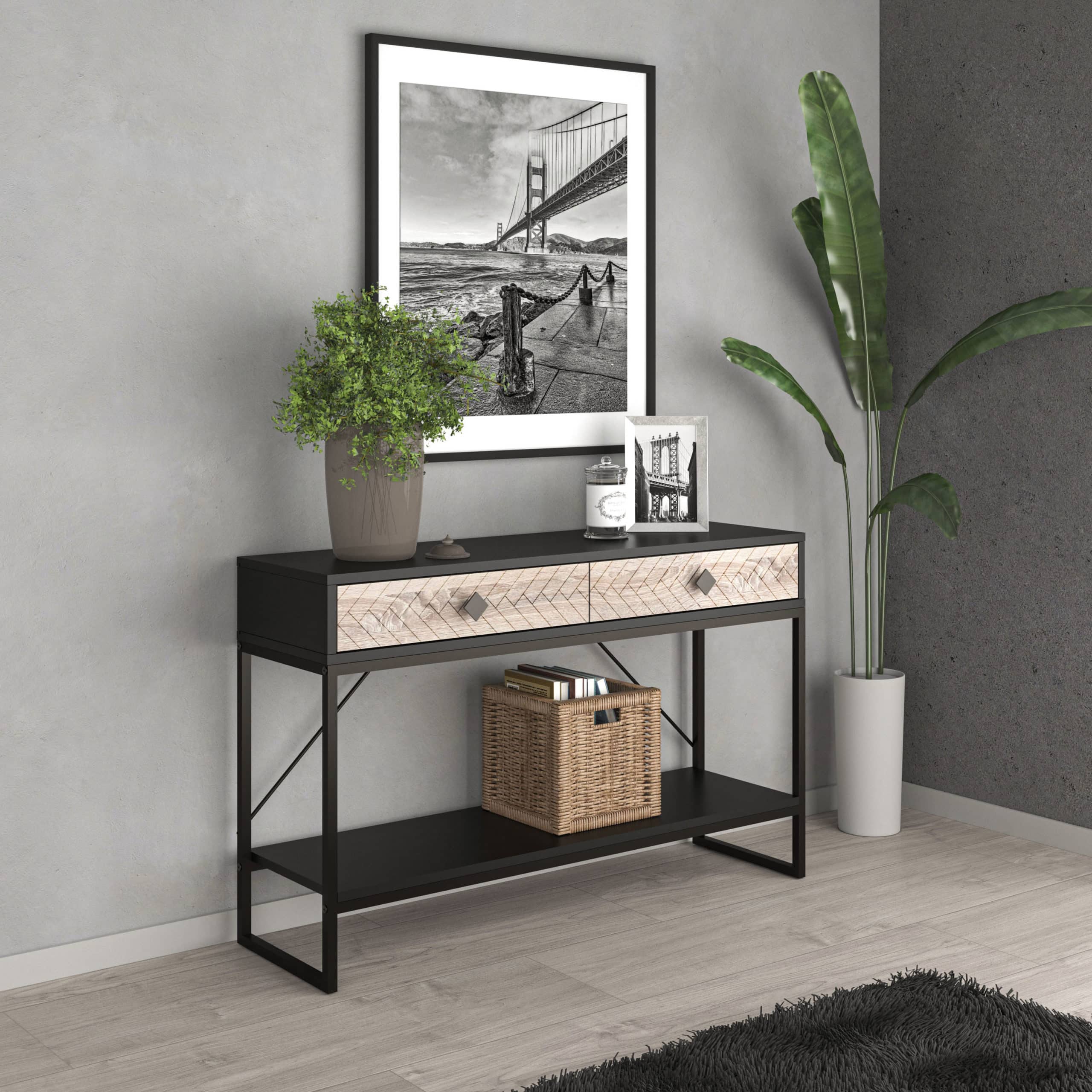 קונסולת כניסה למסדרון לבית מעוצבת עץ אלון ומתכת שחורה + 2 מגירות דגם לורן