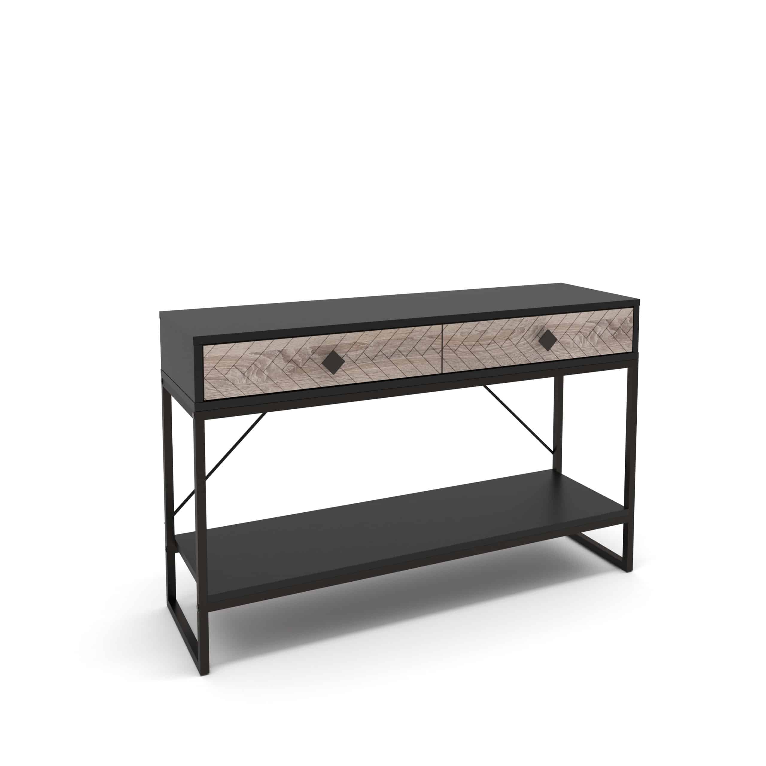 קונסולת כניסה למסדרון לבית מעוצבת עץ אלון ומתכת שחורה + 2 מגירות דגם לורן