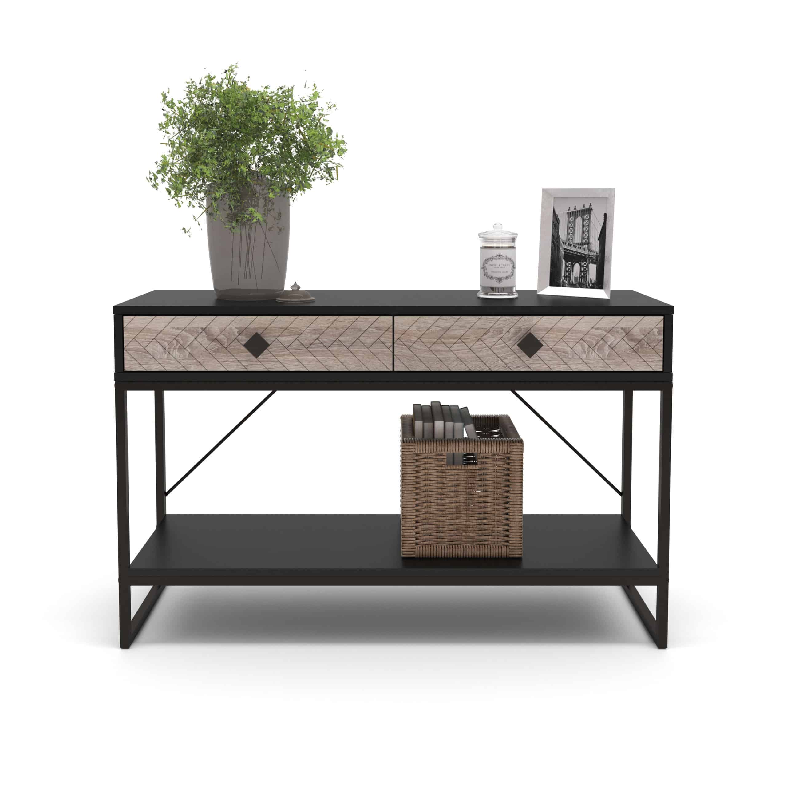 קונסולת כניסה למסדרון לבית מעוצבת עץ אלון ומתכת שחורה + 2 מגירות דגם לורן