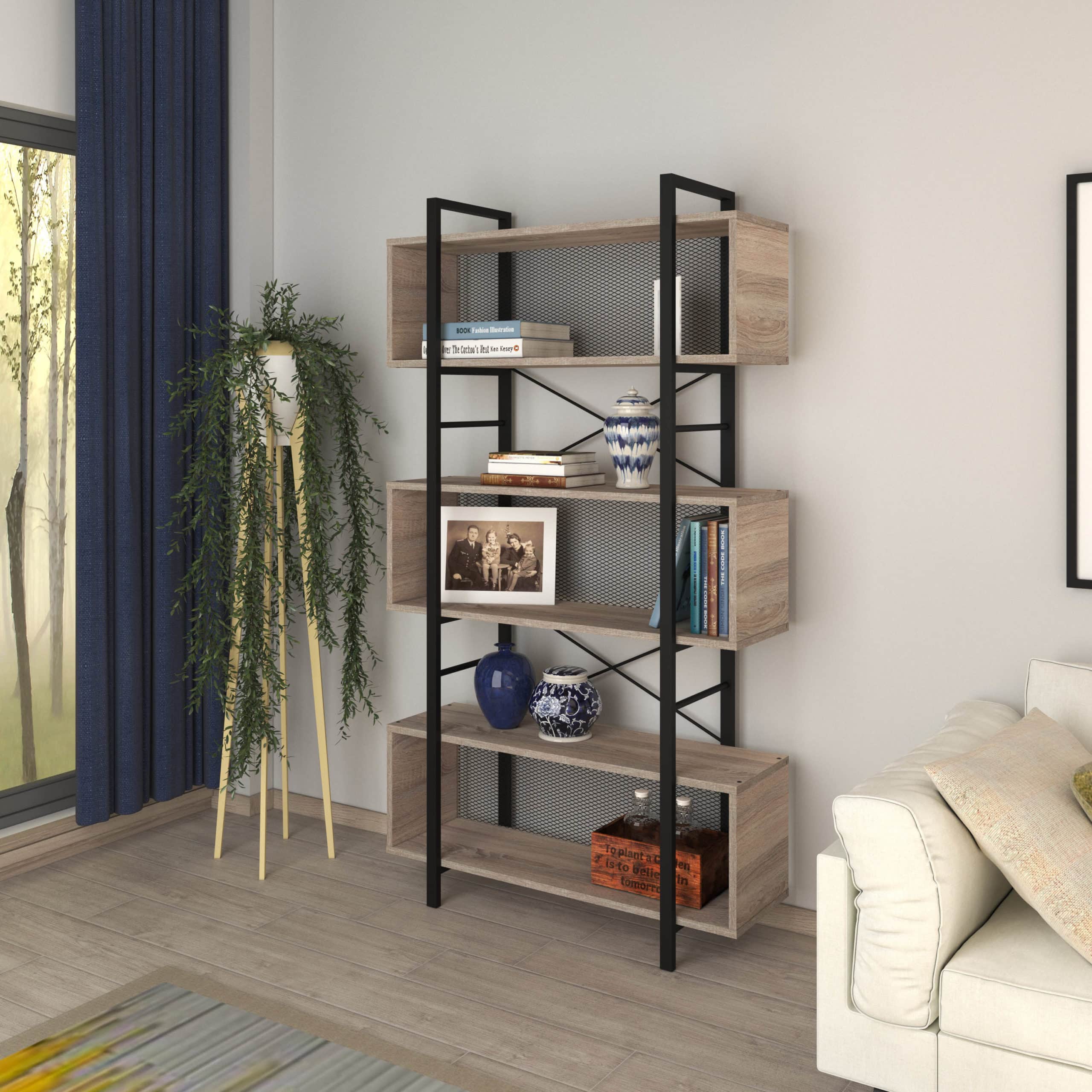 מעמד ספרייה 3 קומות מדפים משולב פרזול ורשת מתכת שחורה