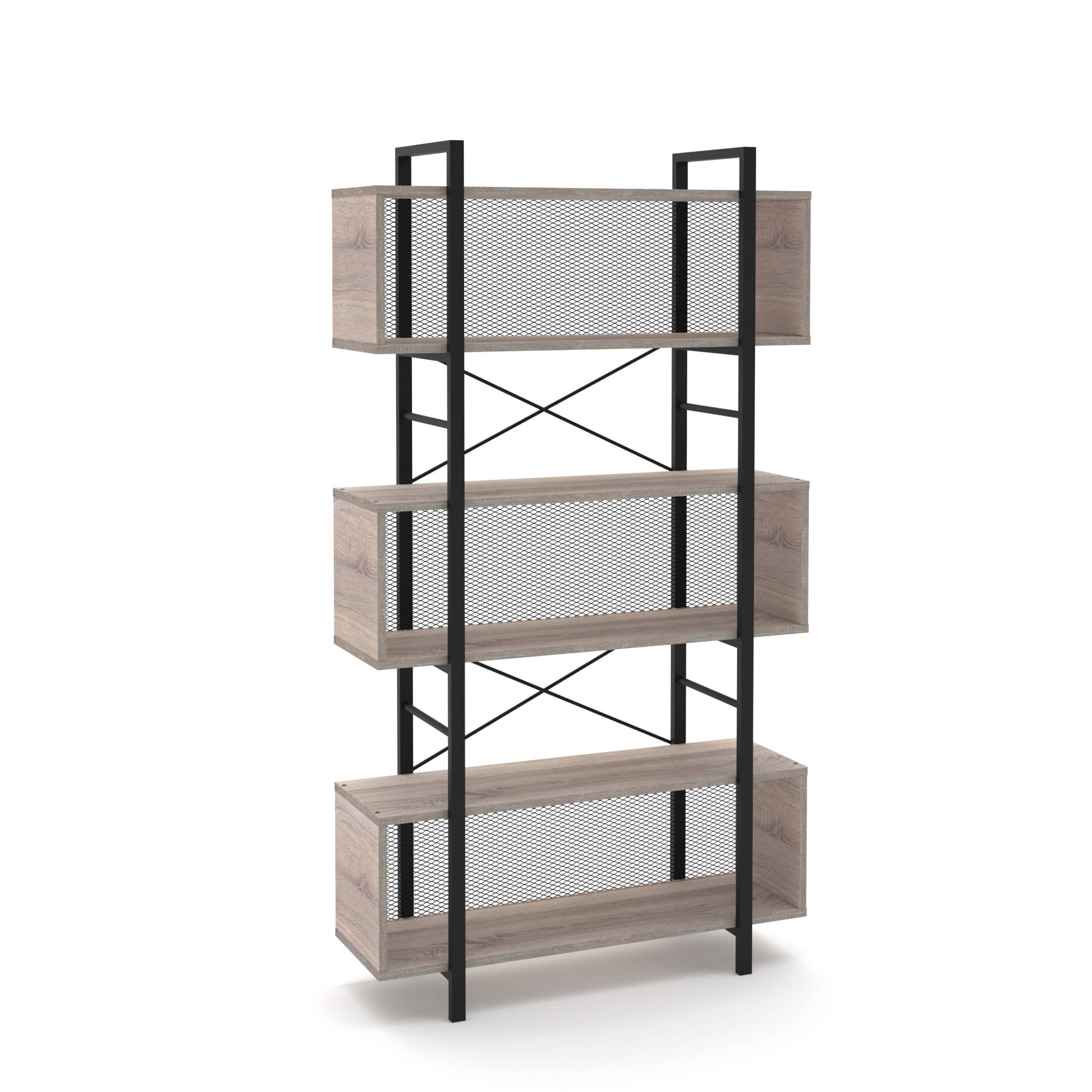 מעמד ספרייה 3 קומות מדפים משולב פרזול ורשת מתכת שחורה