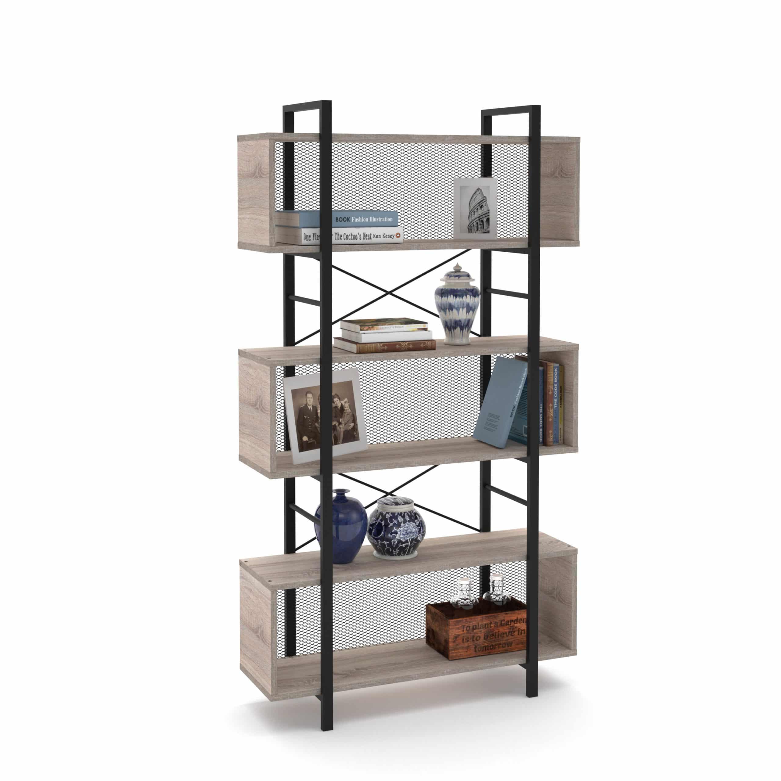 מעמד ספרייה 3 קומות מדפים משולב פרזול ורשת מתכת שחורה