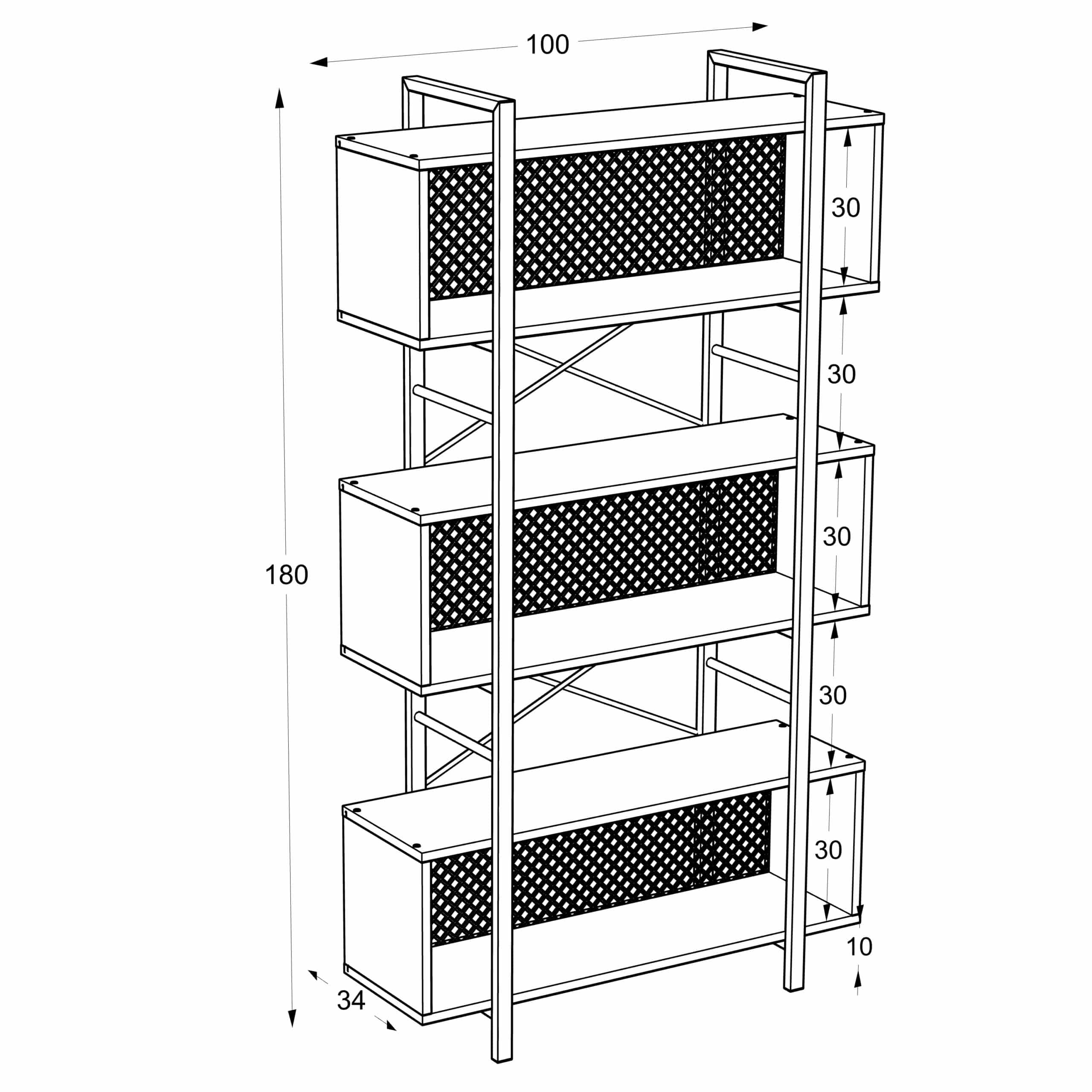 מעמד ספרייה 3 קומות מדפים משולב פרזול ורשת מתכת שחורה