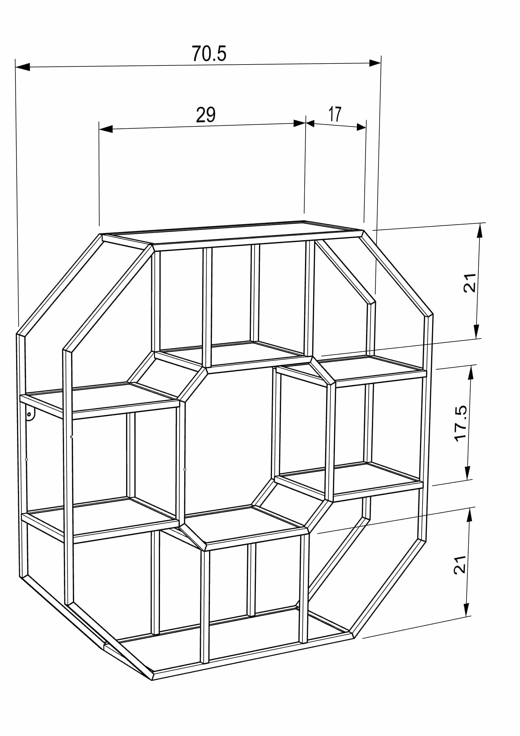 כוננית 7 מדפים מעוצבת מתומן לתליה על קיר דגם הדר צבע זהב עם לבן