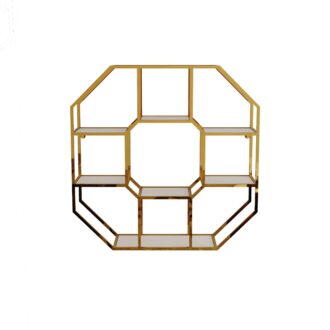 כוננית 7 מדפים מעוצבת מתומן לתליה על קיר דגם הדר צבע זהב עם לבן