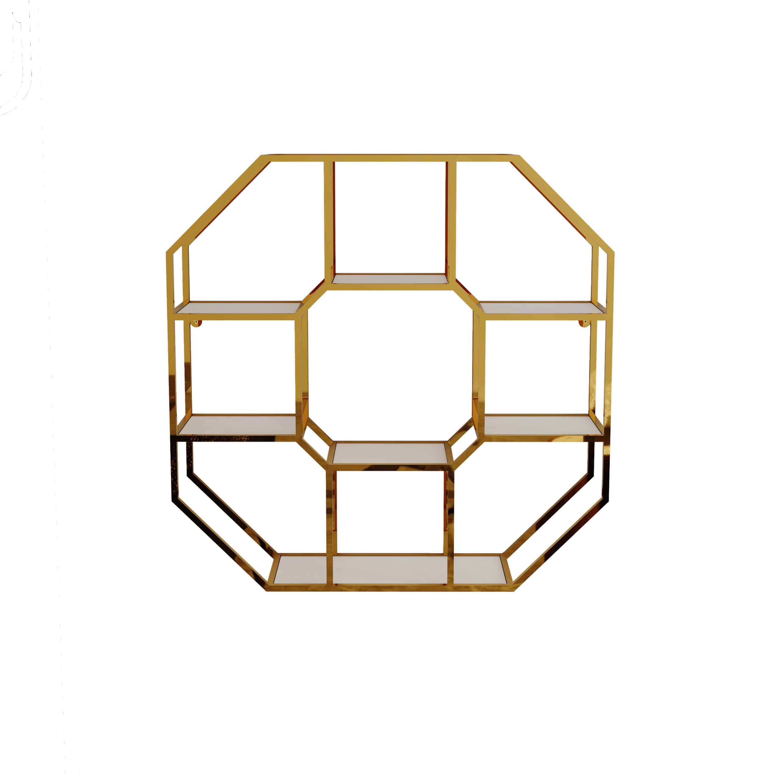 כוננית 7 מדפים מעוצבת מתומן לתליה על קיר דגם הדר צבע זהב עם לבן