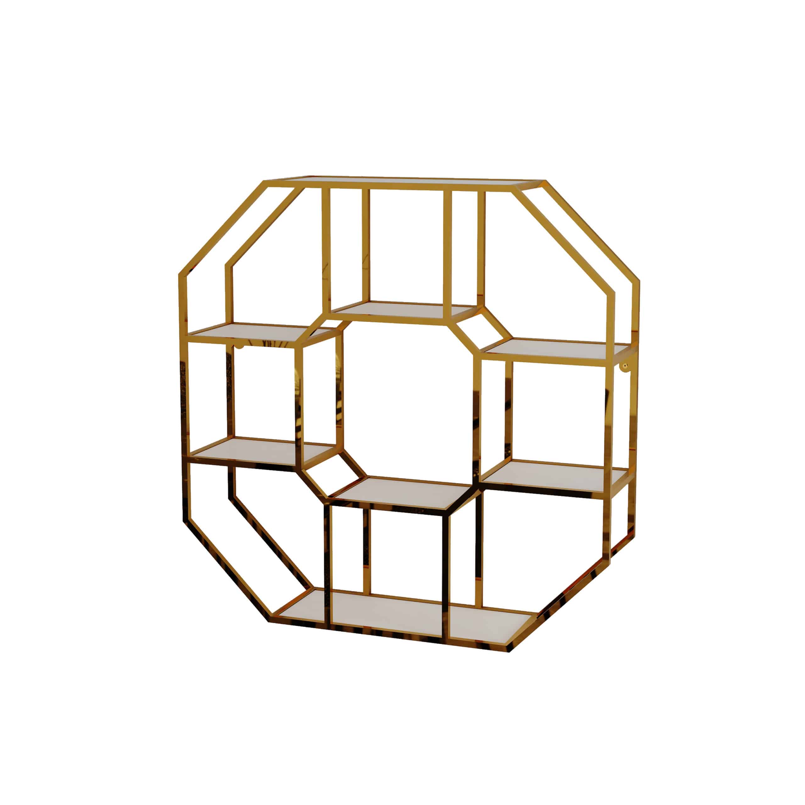 כוננית 7 מדפים מעוצבת מתומן לתליה על קיר דגם הדר צבע זהב עם לבן