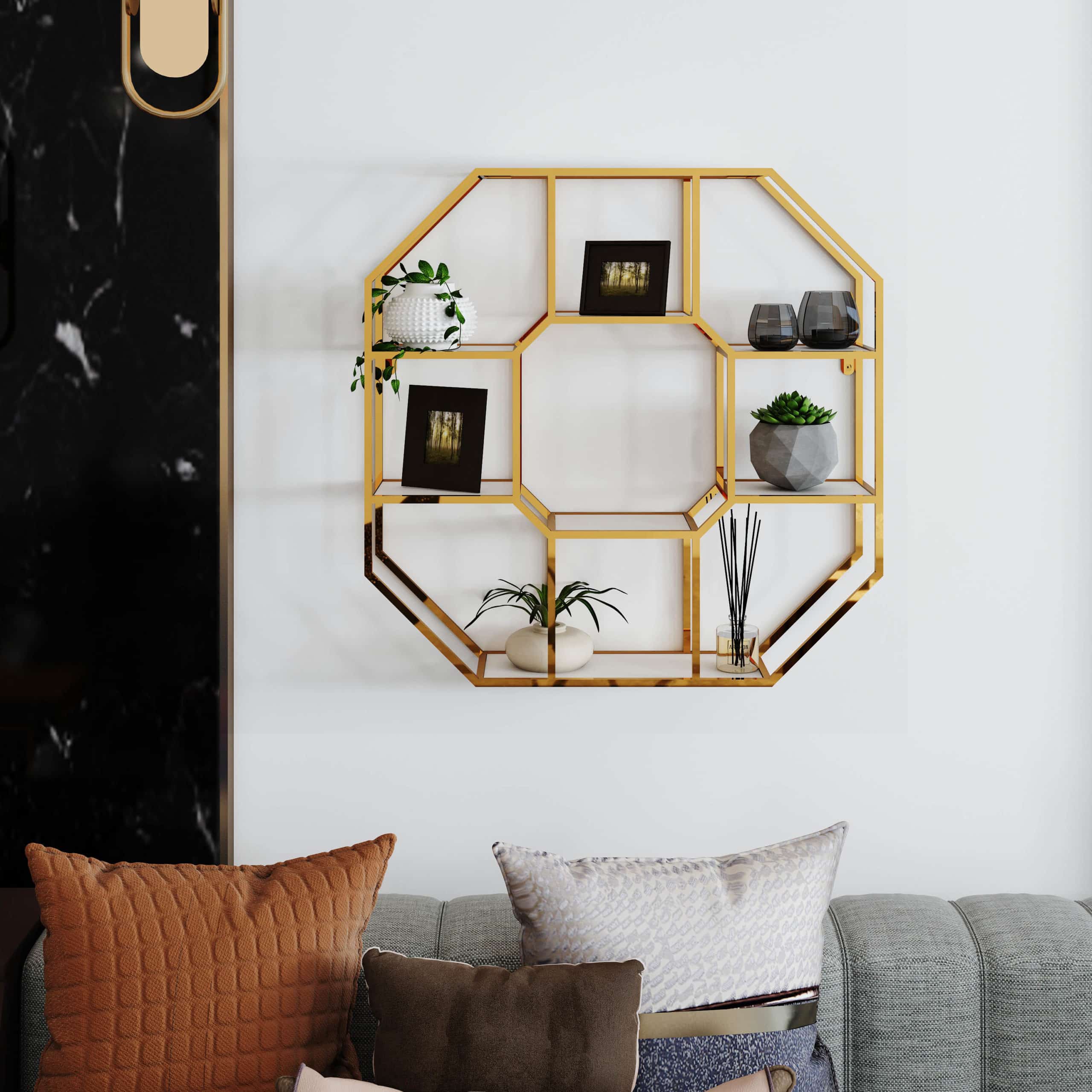 כוננית 7 מדפים מעוצבת מתומן לתליה על קיר דגם הדר צבע זהב עם לבן