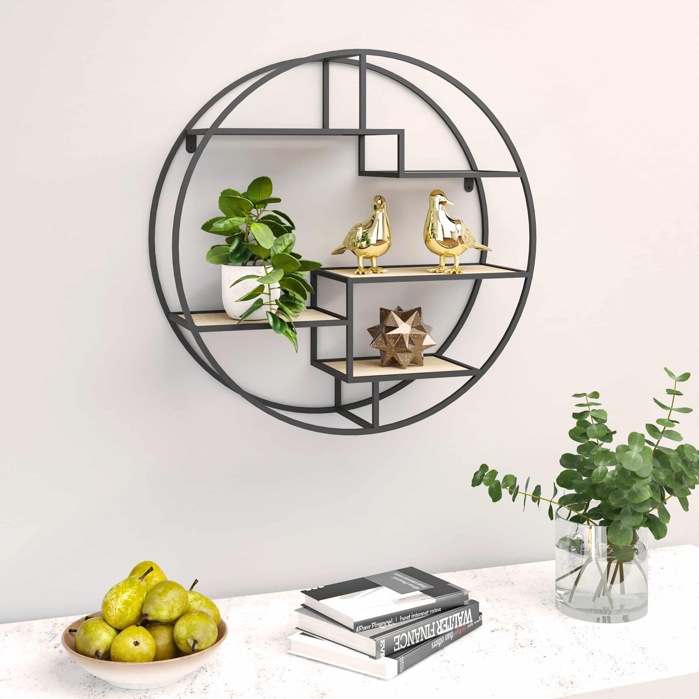 כוננית מדפים מעוצבת עיגול לקיר דגם שיר צבע שחור עם אלון