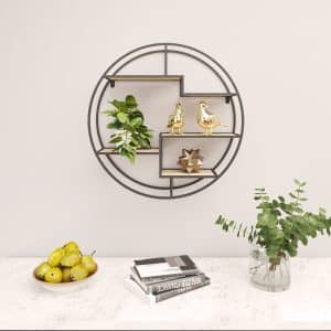 כוננית מדפים מעוצבת עיגול לקיר דגם שיר צבע שחור עם אלון
