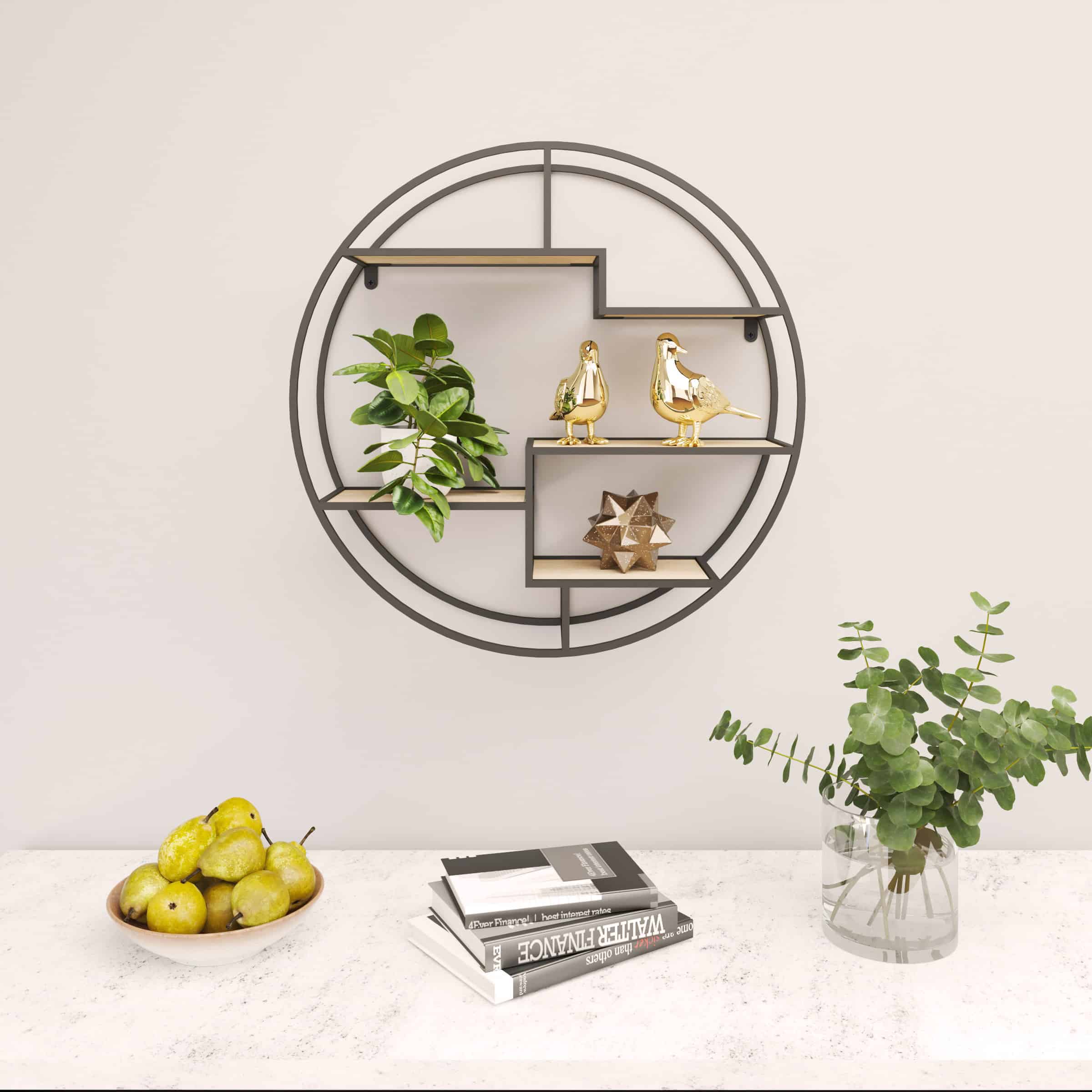 כוננית מדפים מעוצבת עיגול לקיר דגם שיר צבע שחור עם אלון