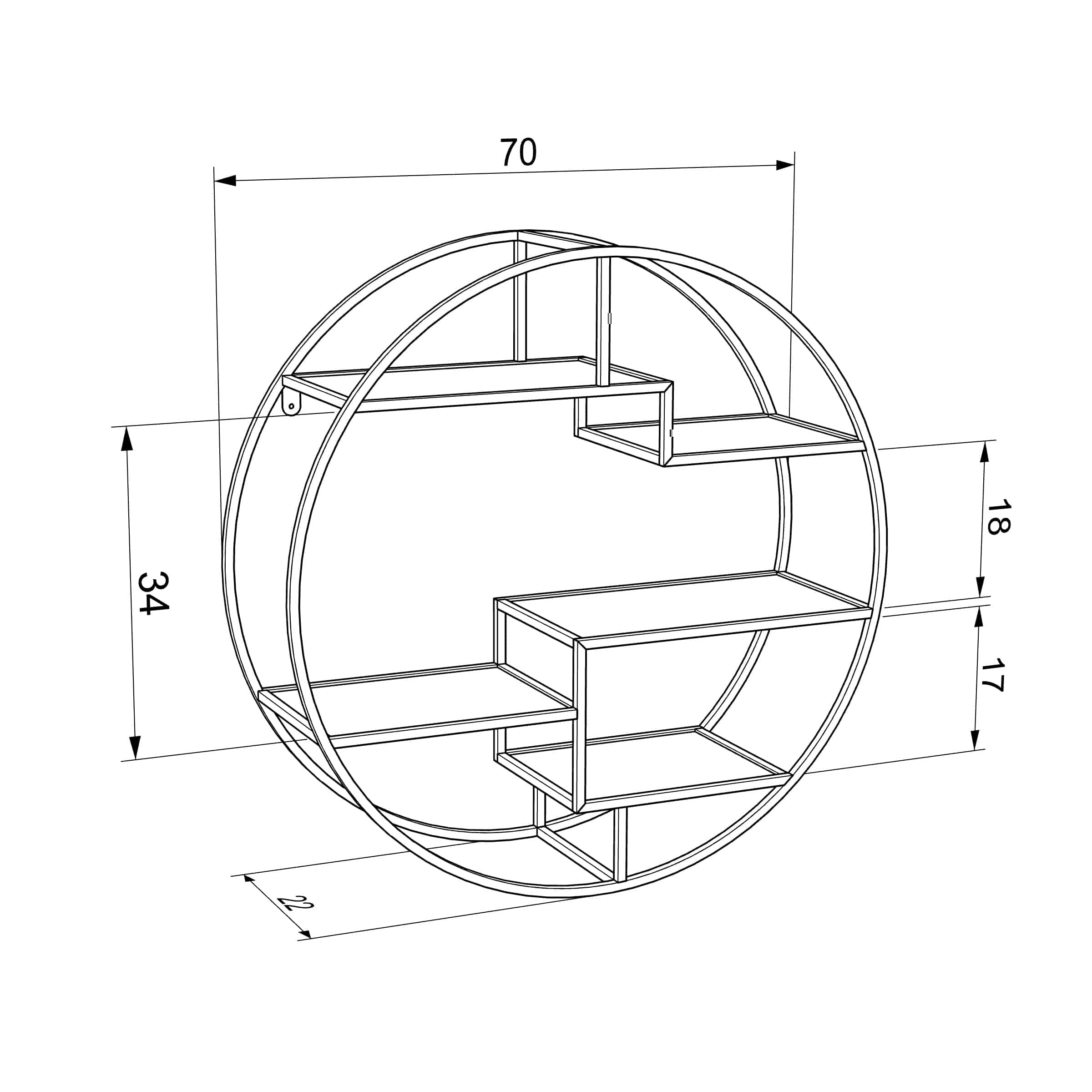 כוננית מדפים מעוצבת עיגול לקיר דגם שיר צבע שחור עם אלון