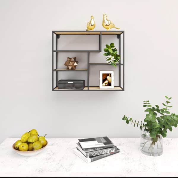 כוננית 5 מדפים מעוצבת מלבן לתליה על קיר דגם גיא צבע שחור עם אלון