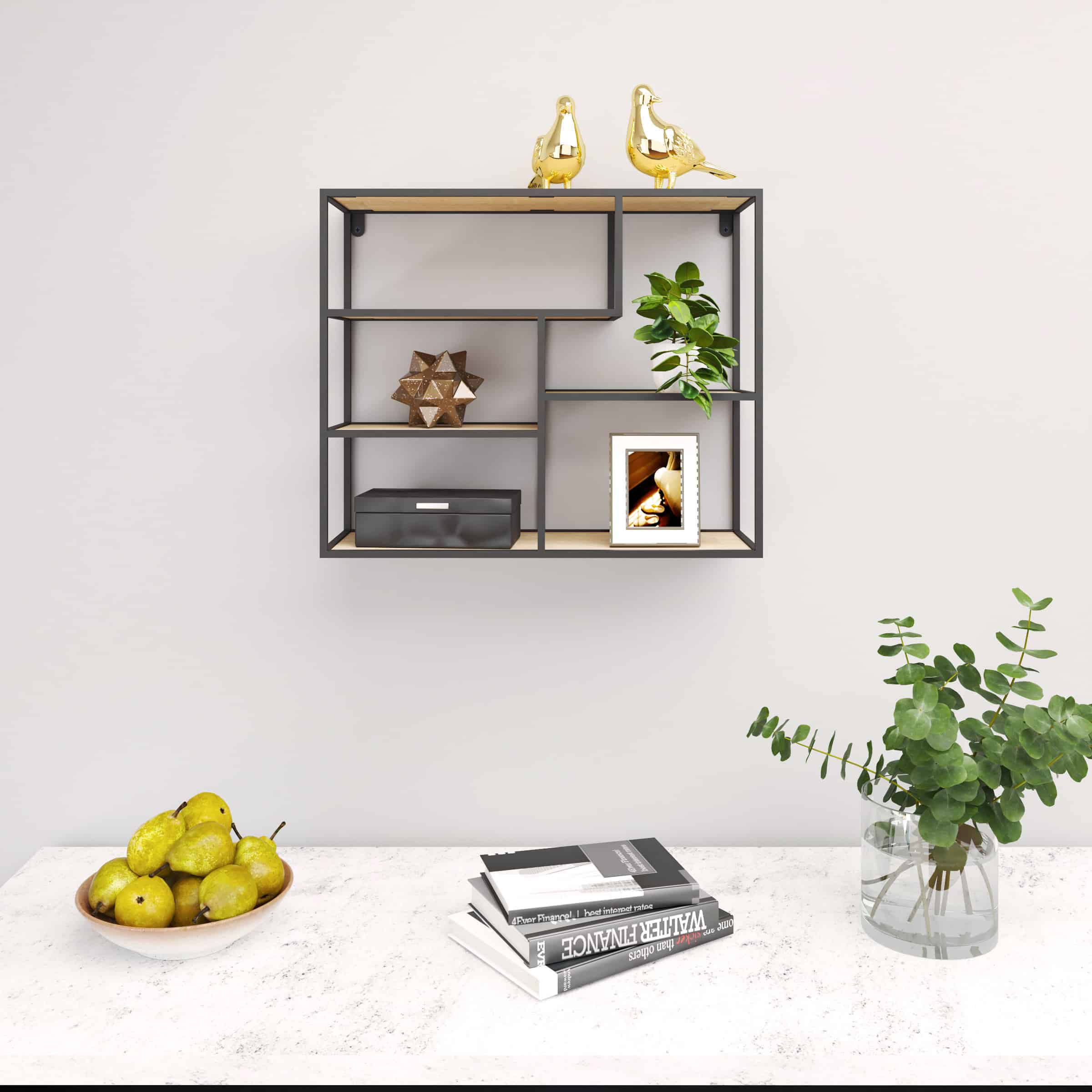 כוננית 5 מדפים מעוצבת מלבן לתליה על קיר דגם גיא צבע שחור עם אלון