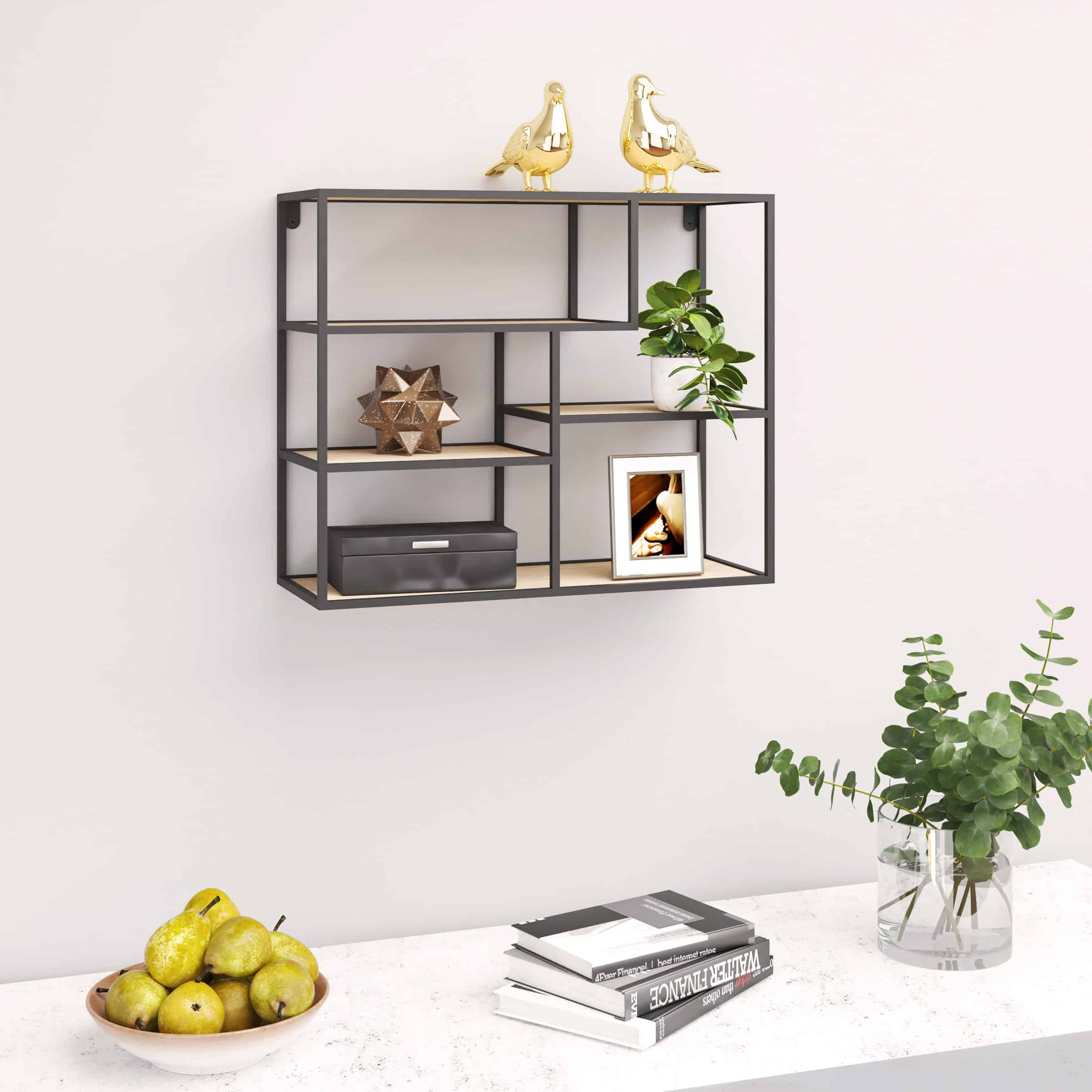 כוננית 5 מדפים מעוצבת מלבן לתליה על קיר דגם גיא צבע שחור עם אלון