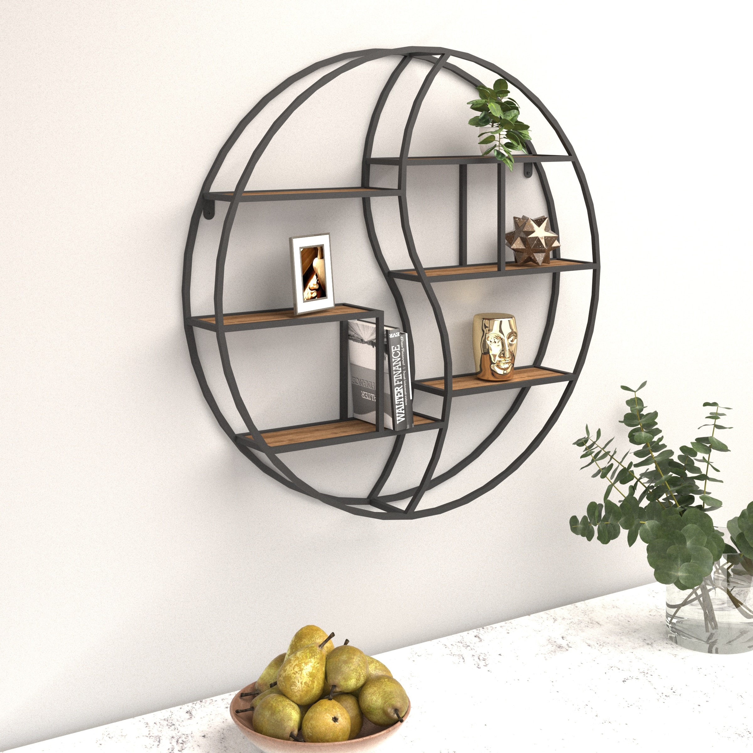 כוננית 6 מדפים מעוצבת עיגול לתליה על קיר דגם ליאור צבע שחור עם אלון