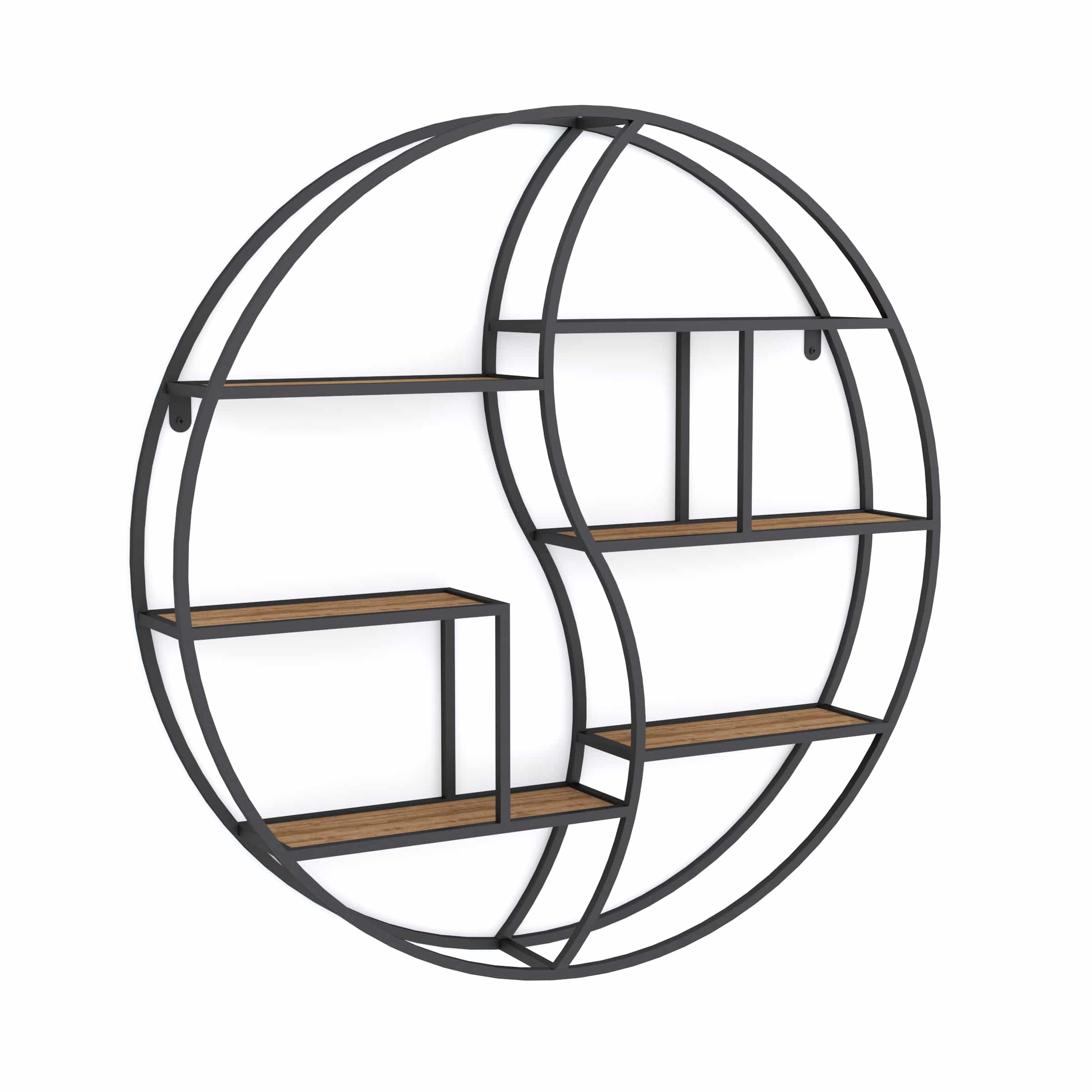 כוננית 6 מדפים מעוצבת עיגול לתליה על קיר דגם ליאור צבע שחור עם אלון