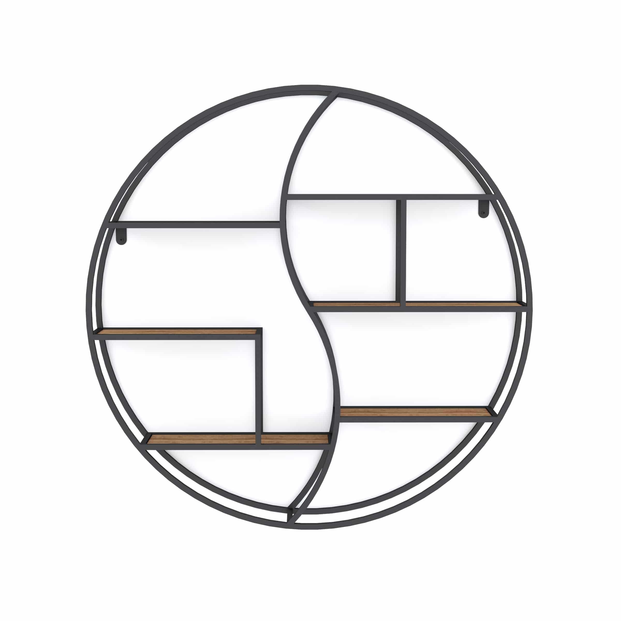 כוננית 6 מדפים מעוצבת עיגול לתליה על קיר דגם ליאור צבע שחור עם אלון