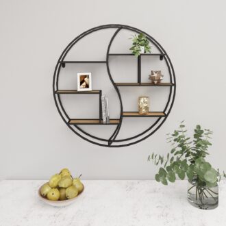 כוננית 6 מדפים מעוצבת עיגול לתליה על קיר דגם ליאור צבע שחור עם אלון