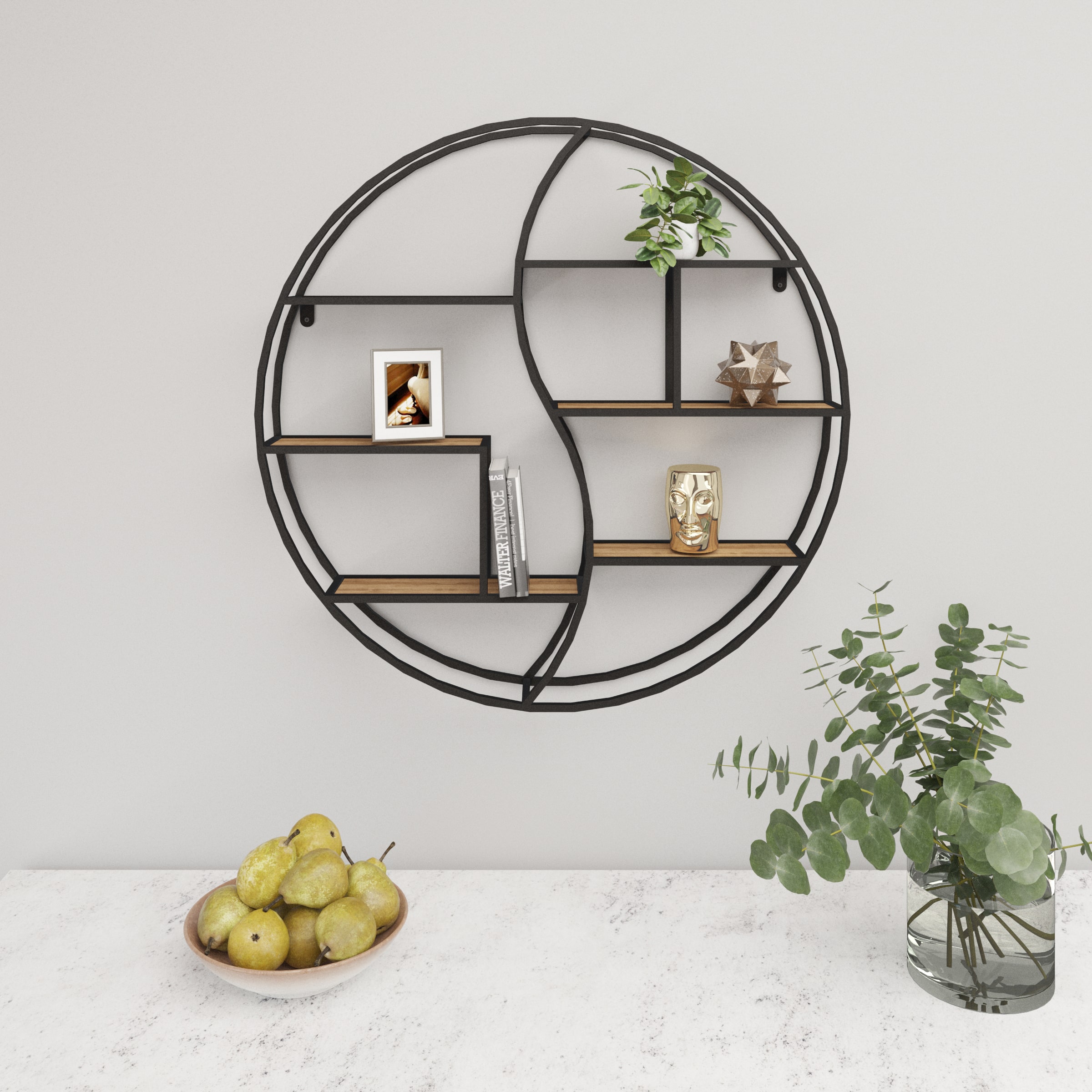 כוננית 6 מדפים מעוצבת עיגול לתליה על קיר דגם ליאור צבע שחור עם אלון