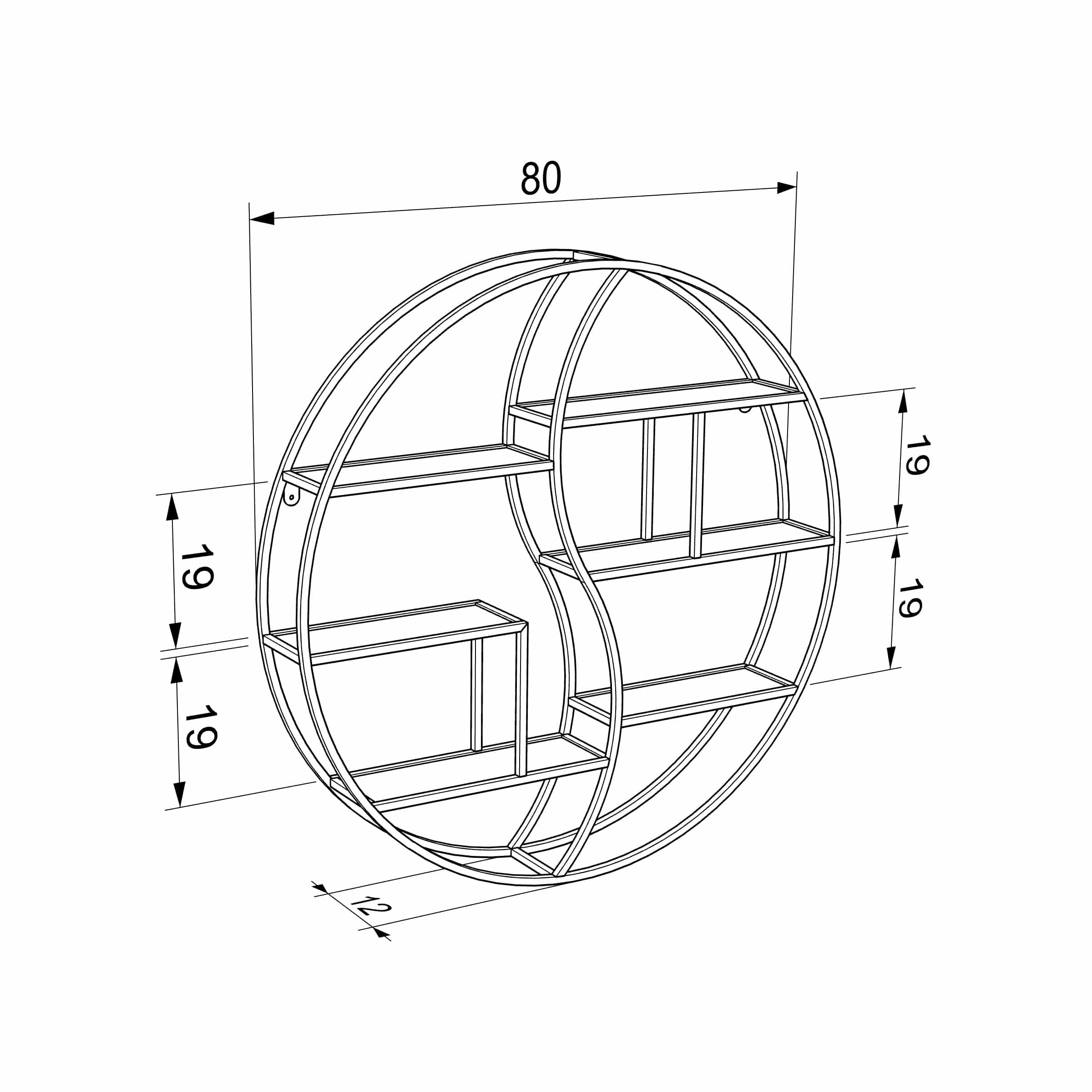 כוננית 6 מדפים מעוצבת עיגול לתליה על קיר דגם ליאור צבע שחור עם אלון