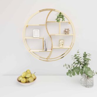 כוננית מדפים מעוצבת עיגול לתליה על קיר דגם ליאור צבע זהב עם לבן