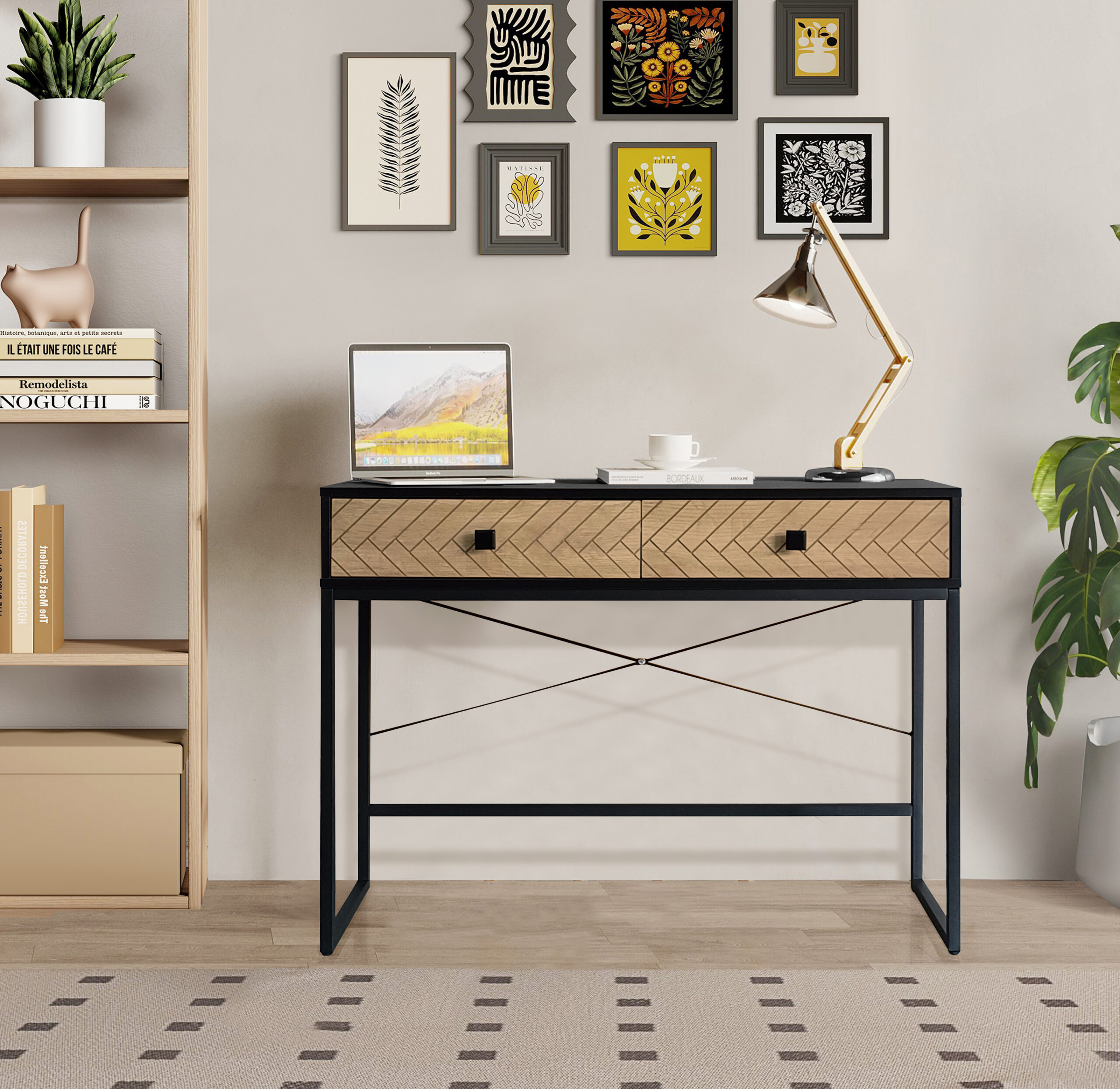 קונסולת כניסה למסדרון לבית מעוצבת עץ אלון מעושן ומתכת שחורה דגם שרית