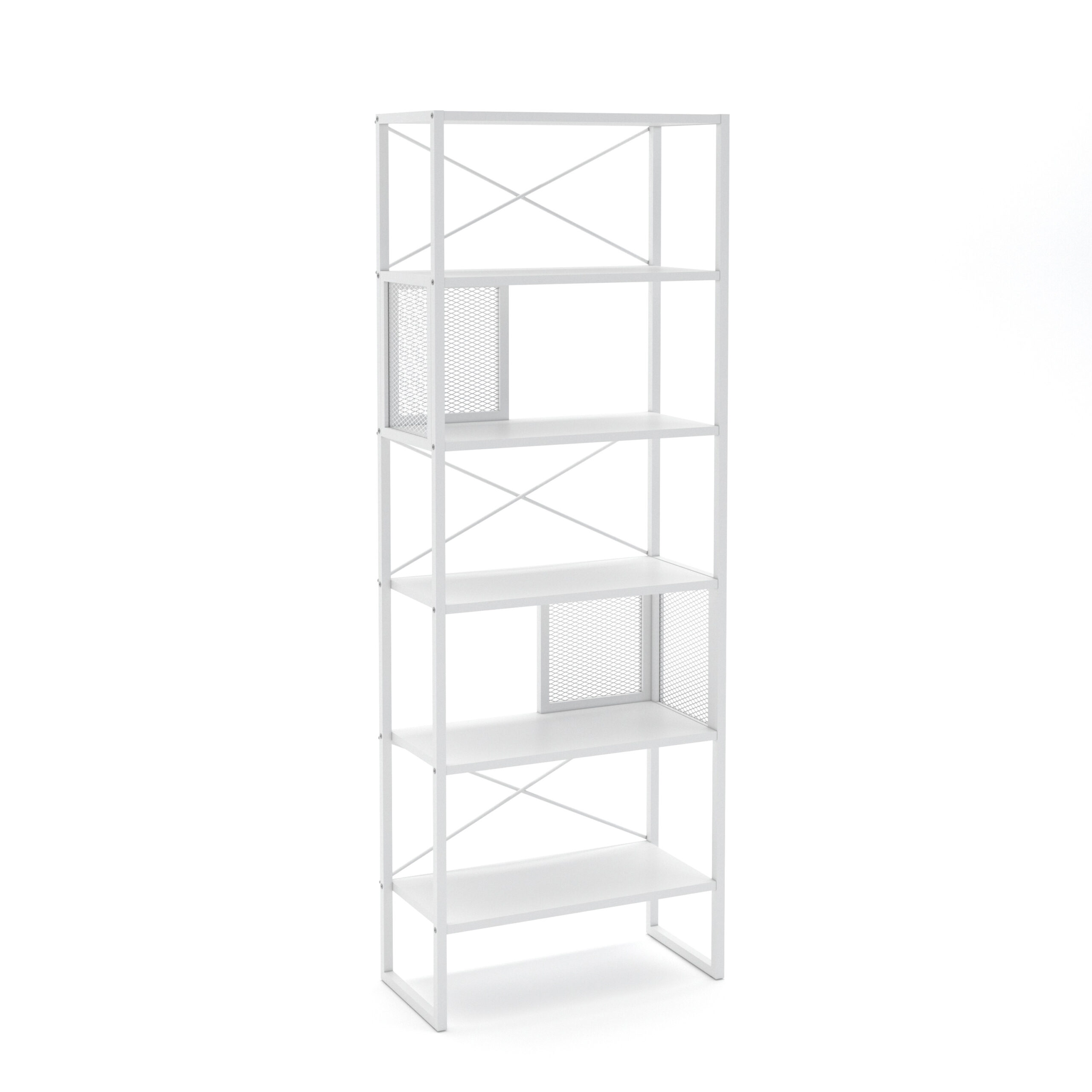 מעמד ספרייה 5 קומות מדפים משולב פרזול ורשת מתכת לבן