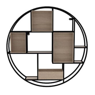 כוננית מדפים מעוצבת עיגול לתליה על קיר דגם עמית צבע שחור עם אלון