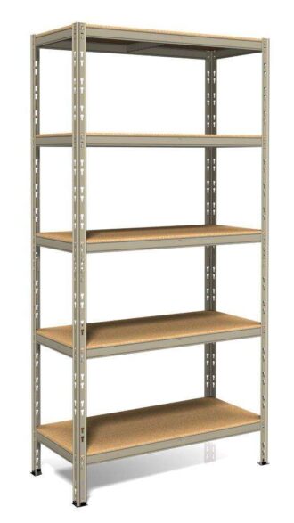 כוננית 5 מדפים פוקרינו - למחסן ולבית, העמסה עד 200 ק''ג על מדף ממתכת בצבע אפור מגורען בשילוב מדפי עץ 40X90X180