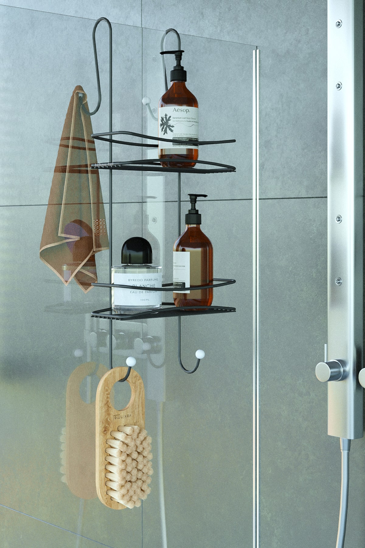 מדף רשת 2 קומות מדפים לתלייה על המקלחון - כרום שחור