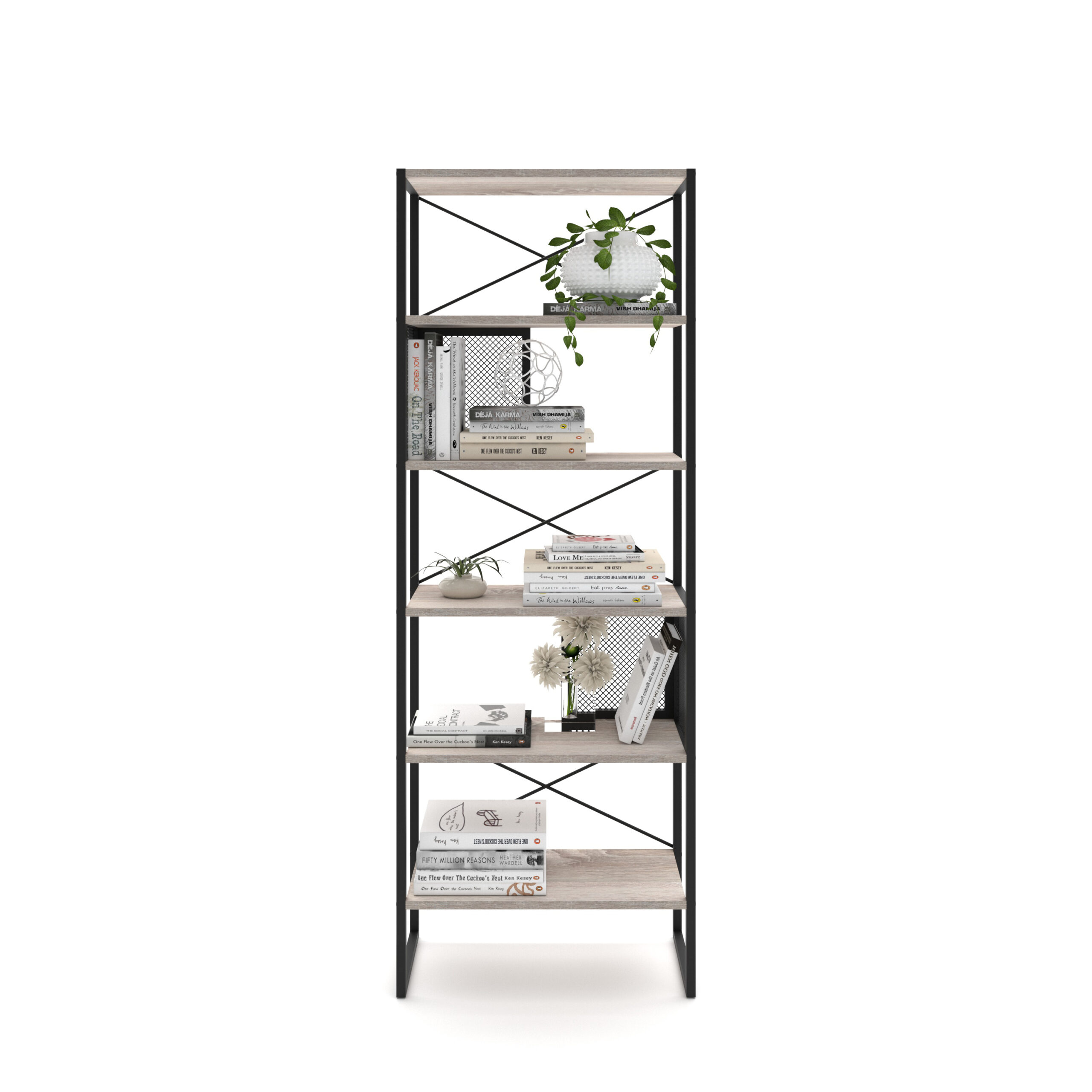 מעמד ספרייה 5 קומות מדפים משולב פרזול ורשת מתכת שחורה