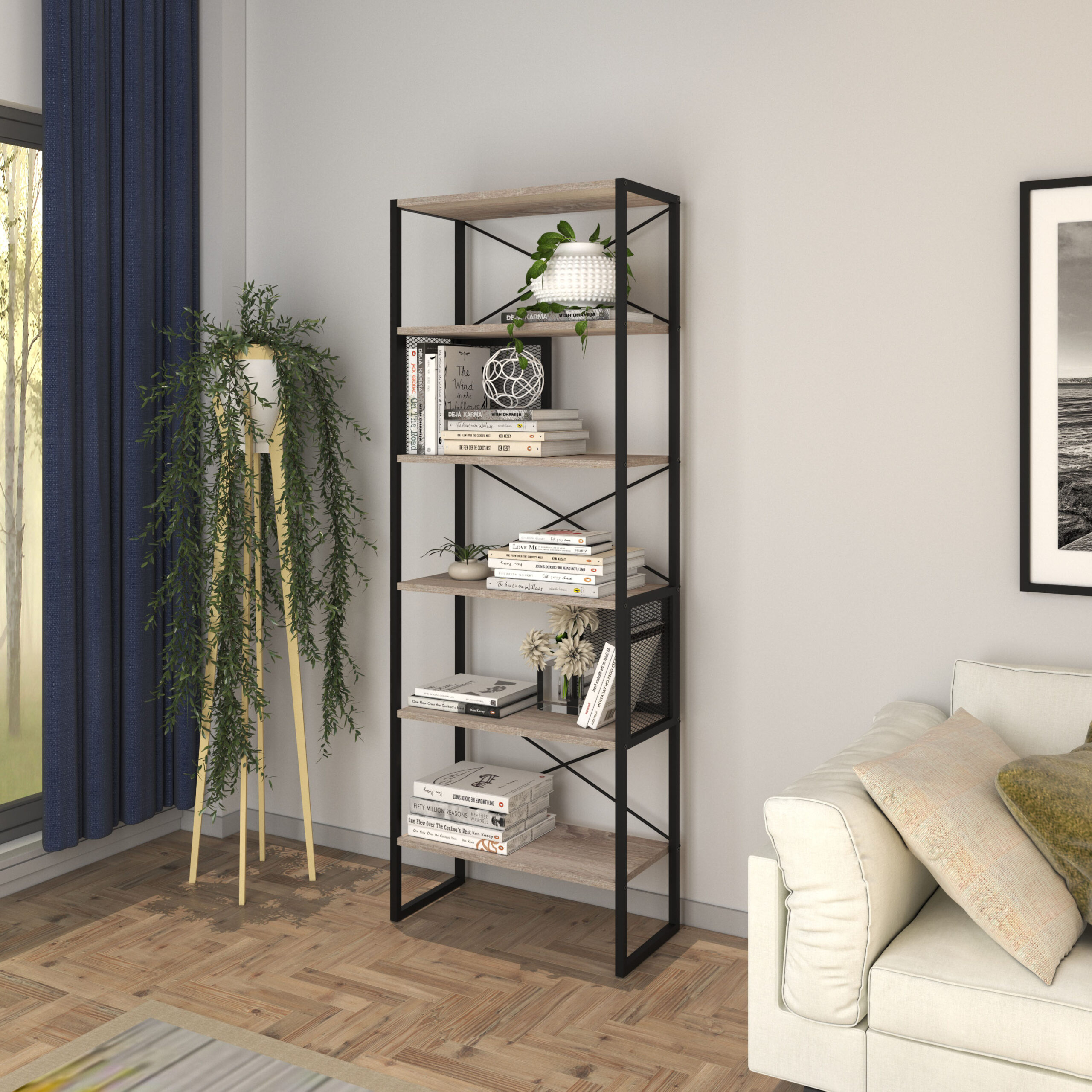 מעמד ספרייה 5 קומות מדפים משולב פרזול ורשת מתכת שחורה