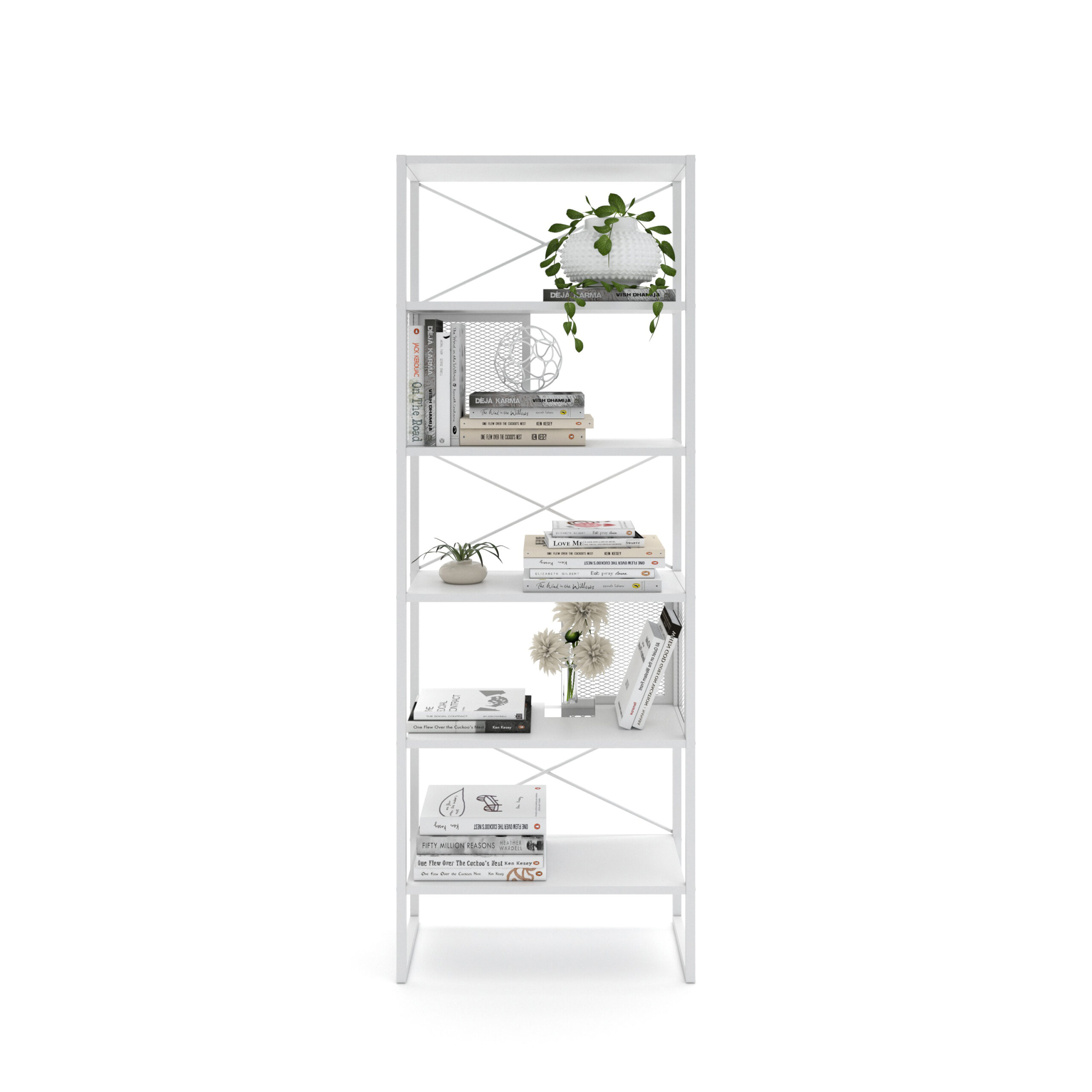 מעמד ספרייה 5 קומות מדפים משולב פרזול ורשת מתכת לבן