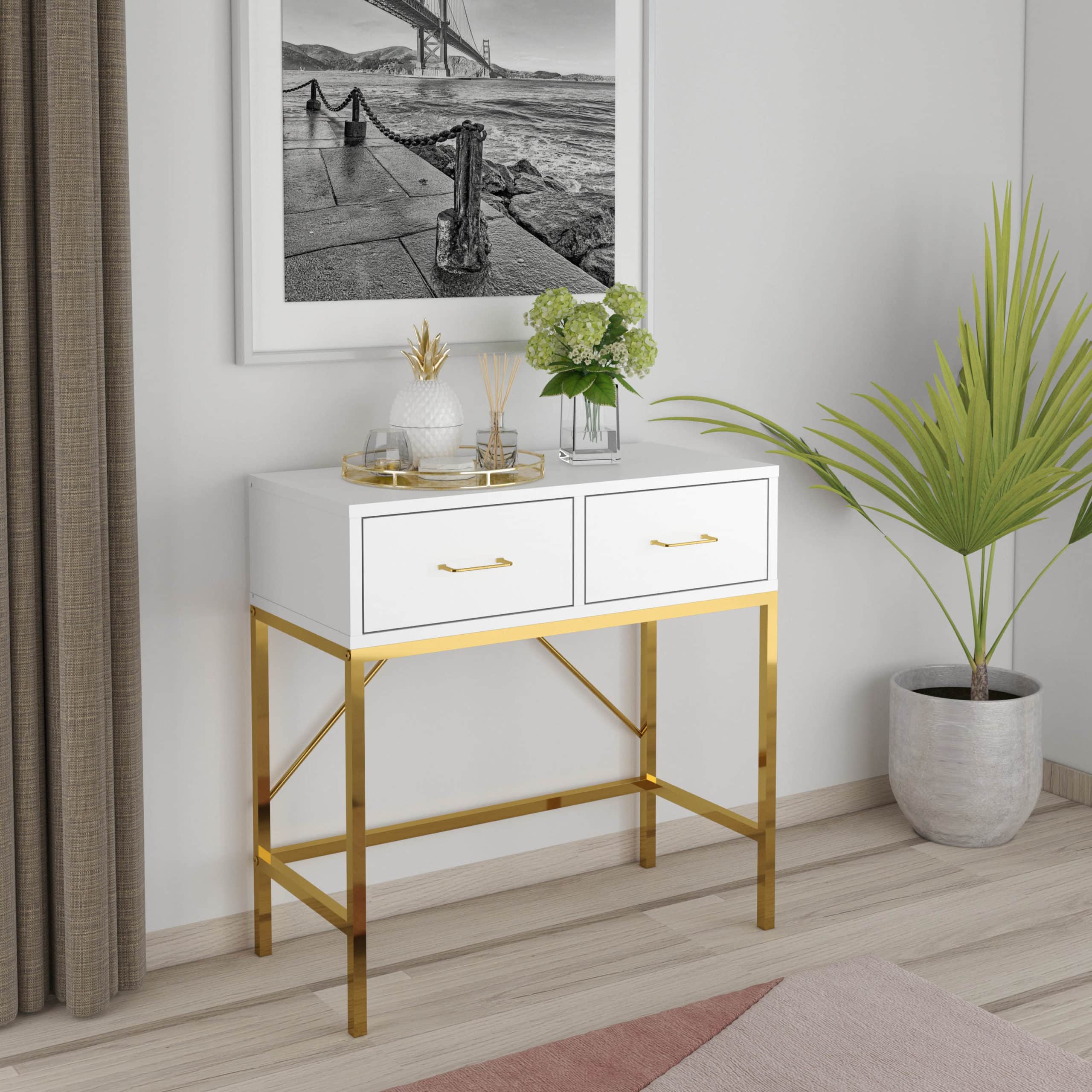 קונסולת כניסה מעוצבת דגם ליחן זהב-לבן