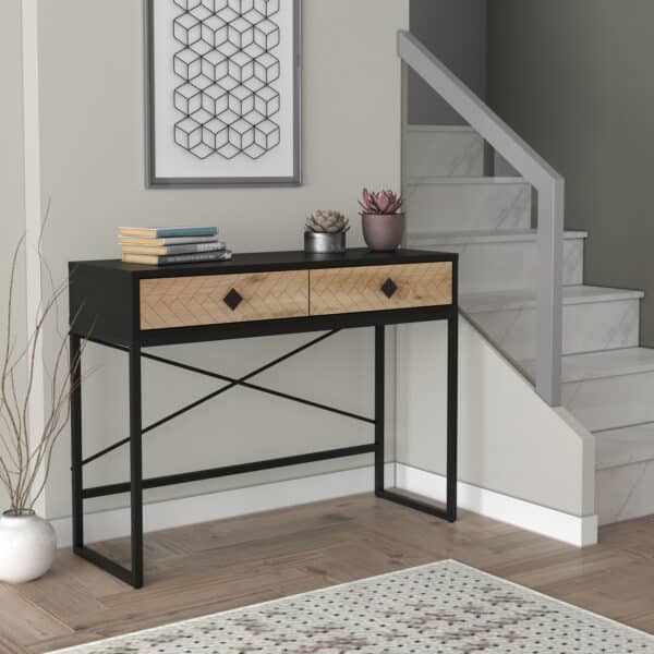 קונסולת כניסה למסדרון לבית מעוצבת עץ אלון מעושן ומתכת שחורה דגם שרית