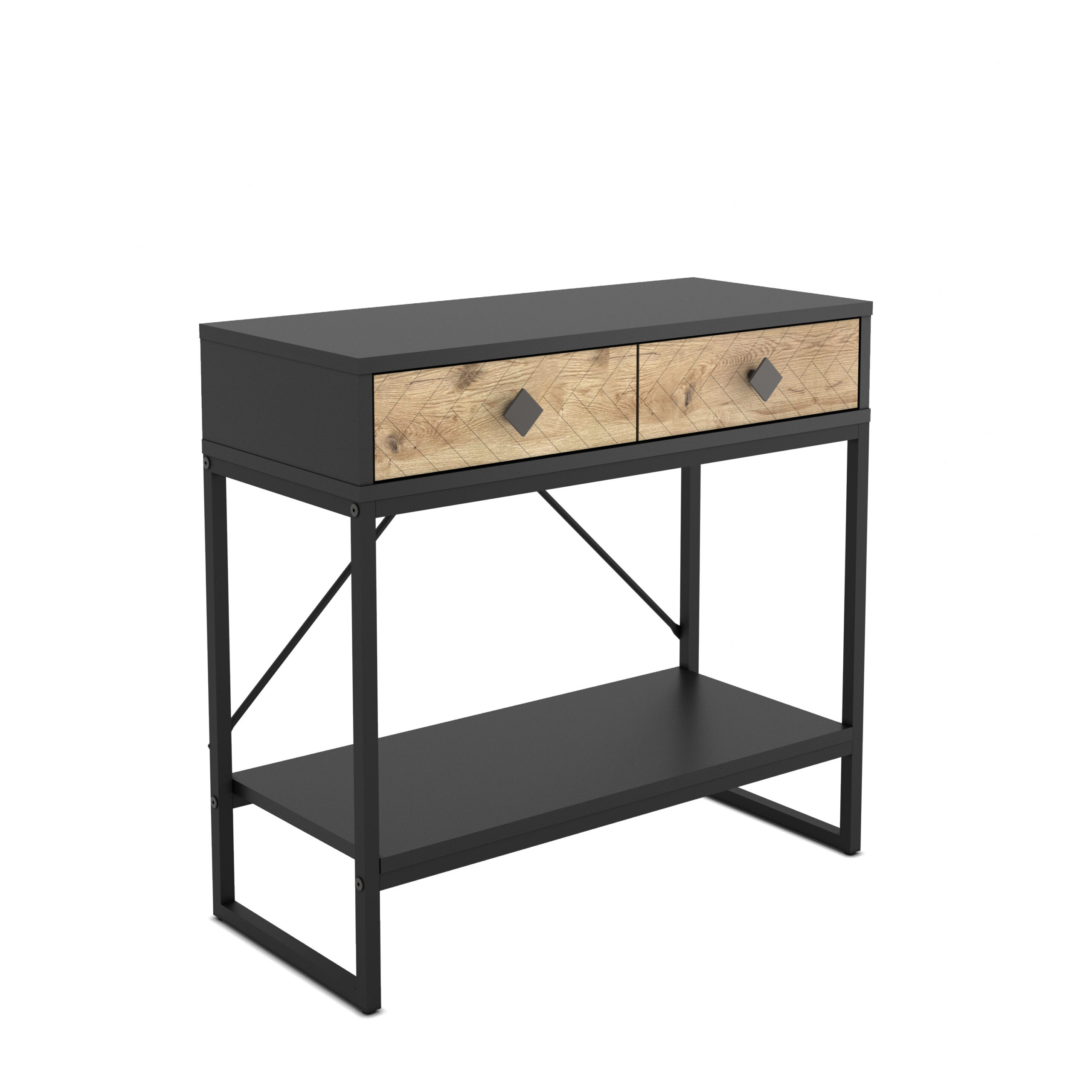 קונסולת כניסה למסדרון לבית מעוצבת עץ אלון ומתכת שחורה + 2 מגירות דגם אמילי