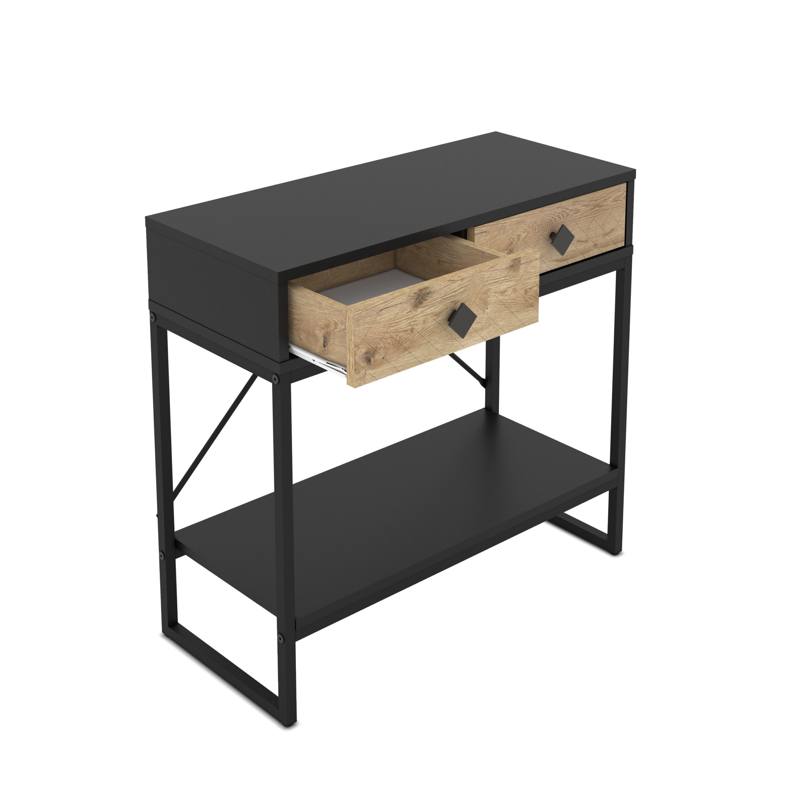 קונסולת כניסה למסדרון לבית מעוצבת עץ אלון ומתכת שחורה + 2 מגירות דגם אמילי