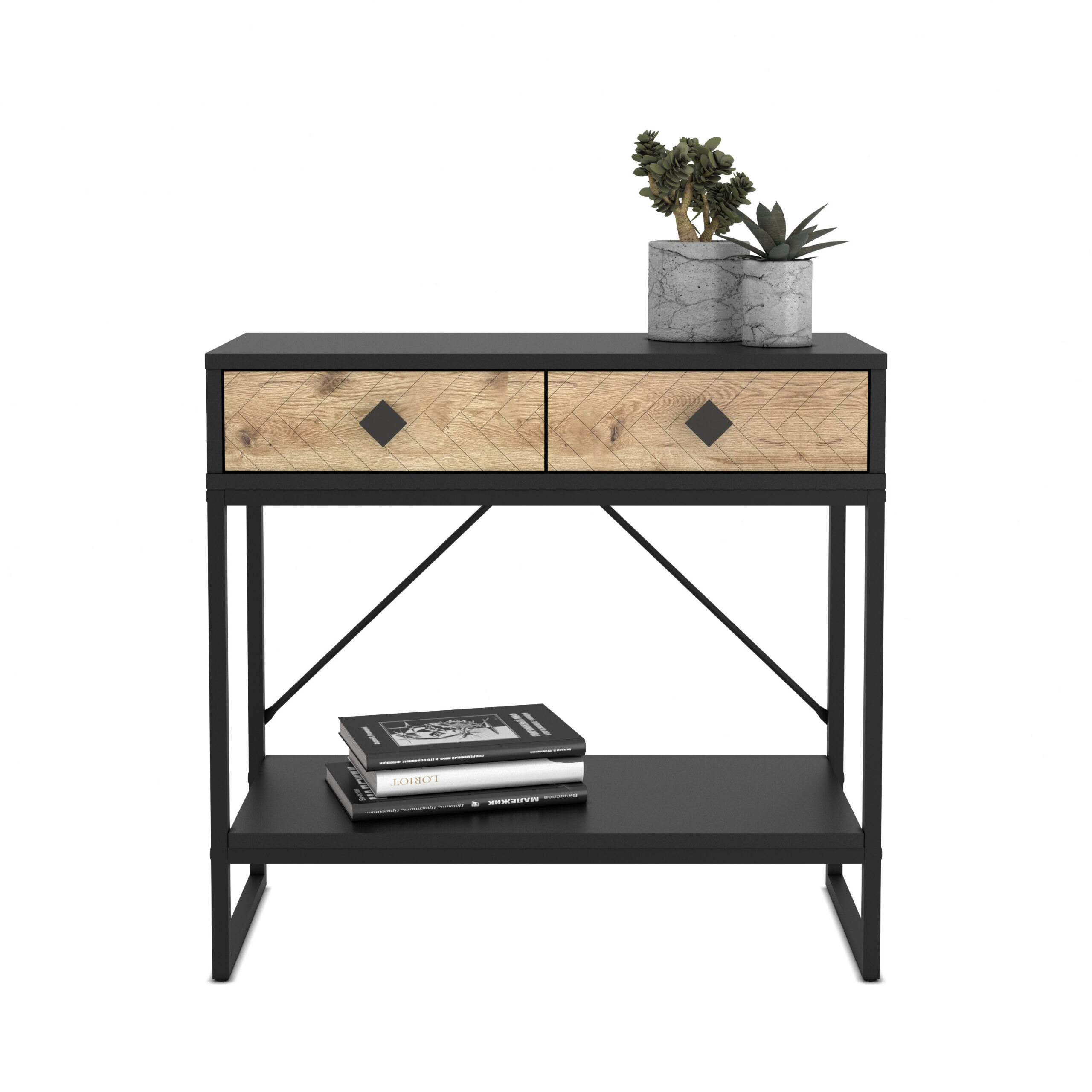 קונסולת כניסה למסדרון לבית מעוצבת עץ אלון ומתכת שחורה + 2 מגירות דגם אמילי