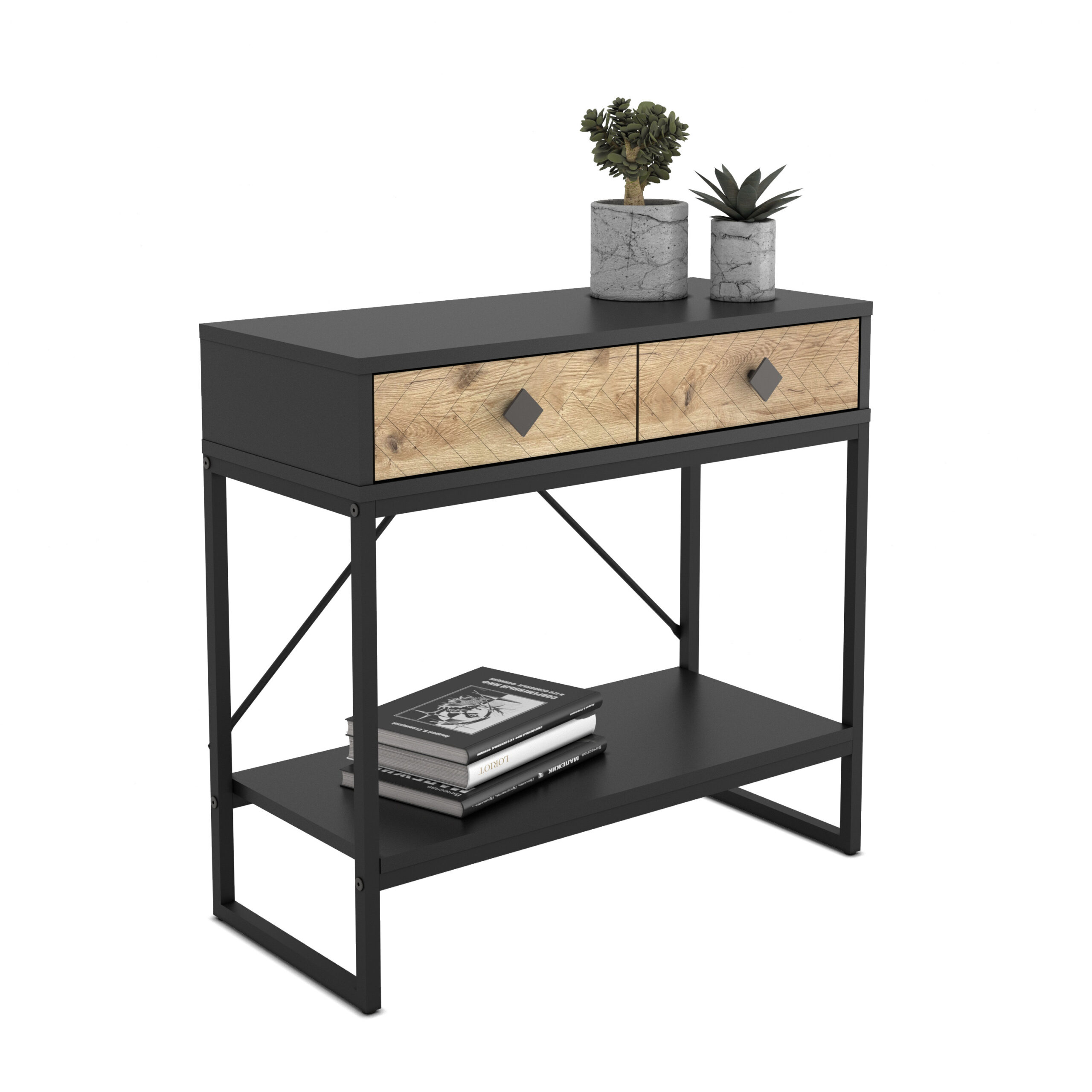 קונסולת כניסה למסדרון לבית מעוצבת עץ אלון ומתכת שחורה + 2 מגירות דגם אמילי