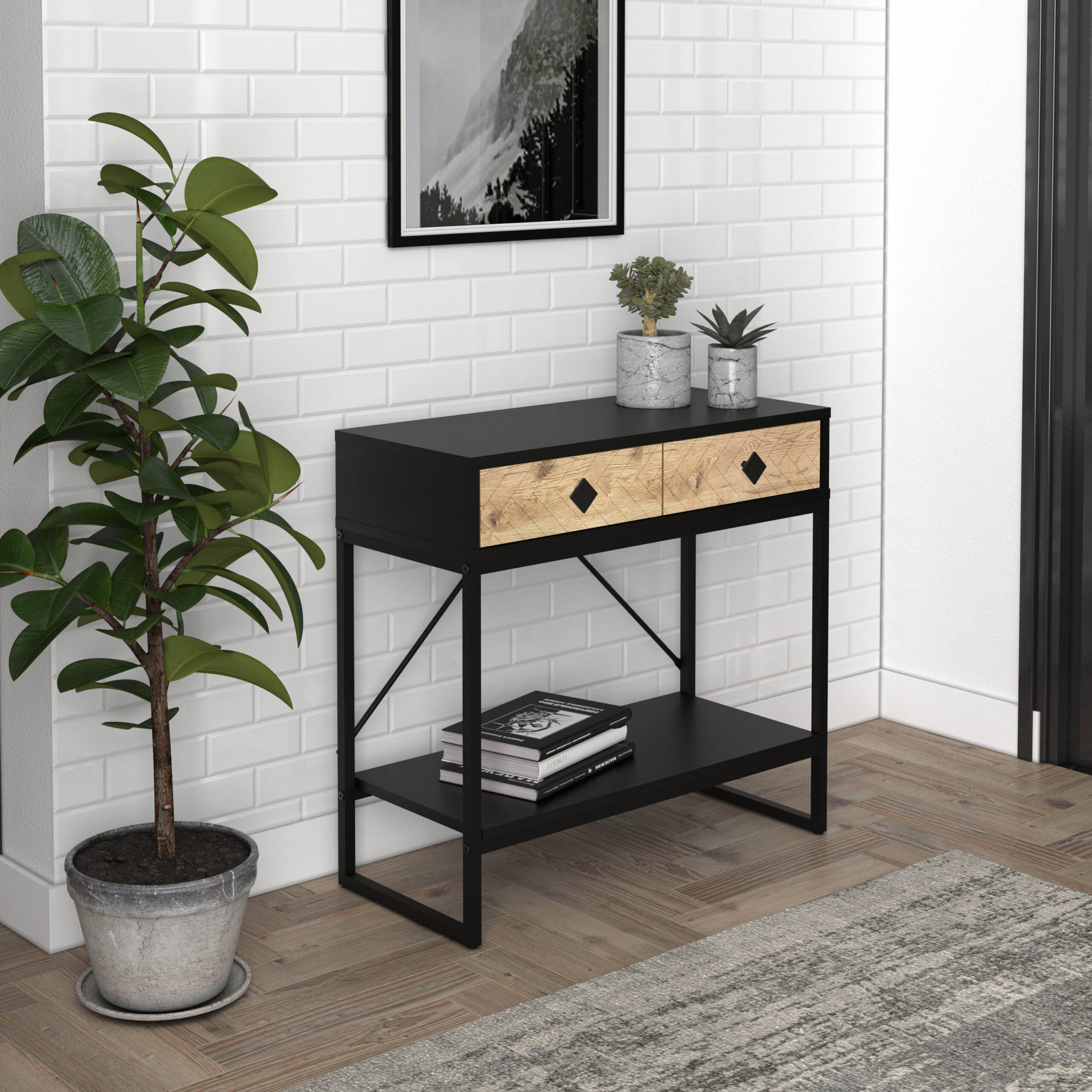 קונסולת כניסה למסדרון לבית מעוצבת עץ אלון ומתכת שחורה + 2 מגירות דגם אמילי