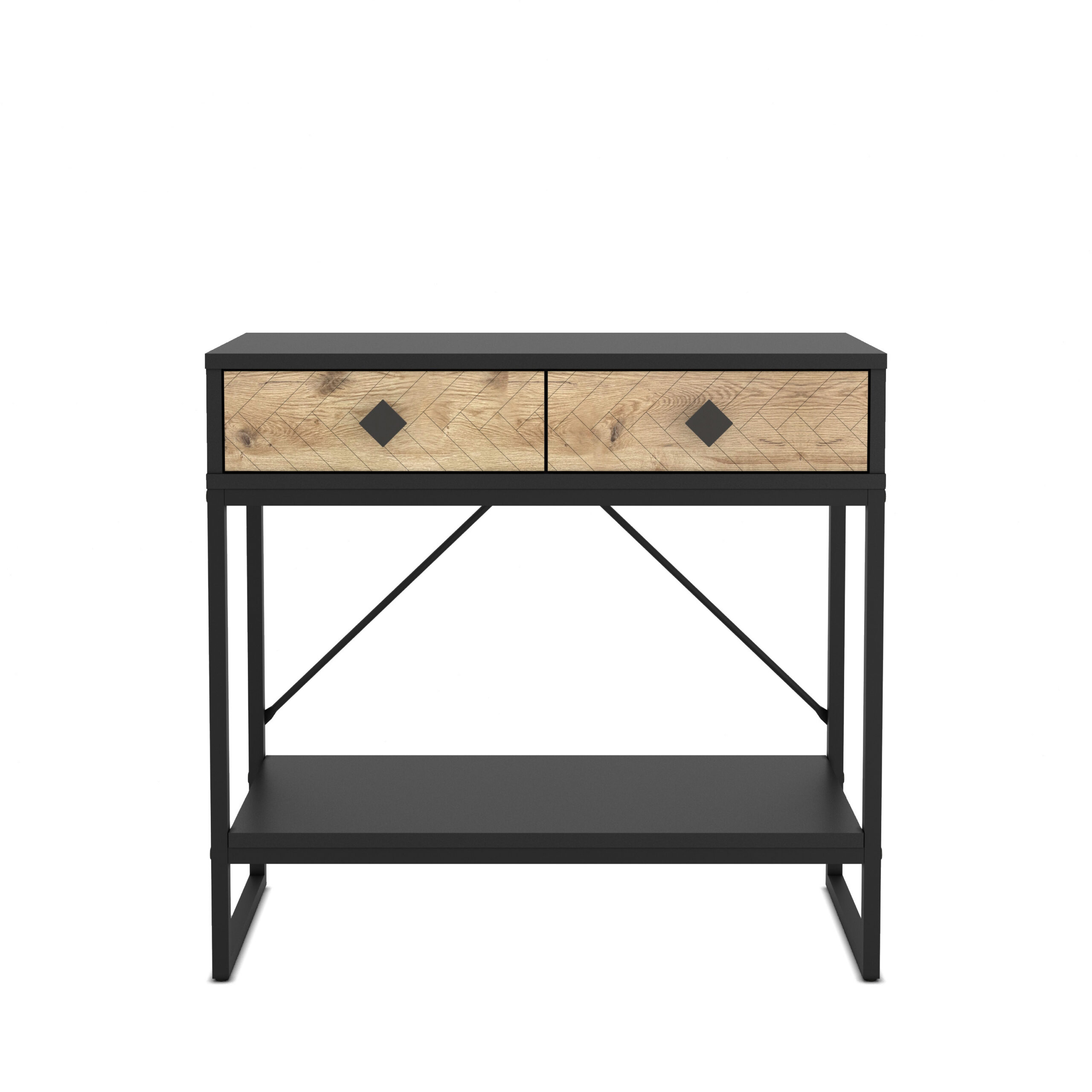 קונסולת כניסה למסדרון לבית מעוצבת עץ אלון ומתכת שחורה + 2 מגירות דגם אמילי