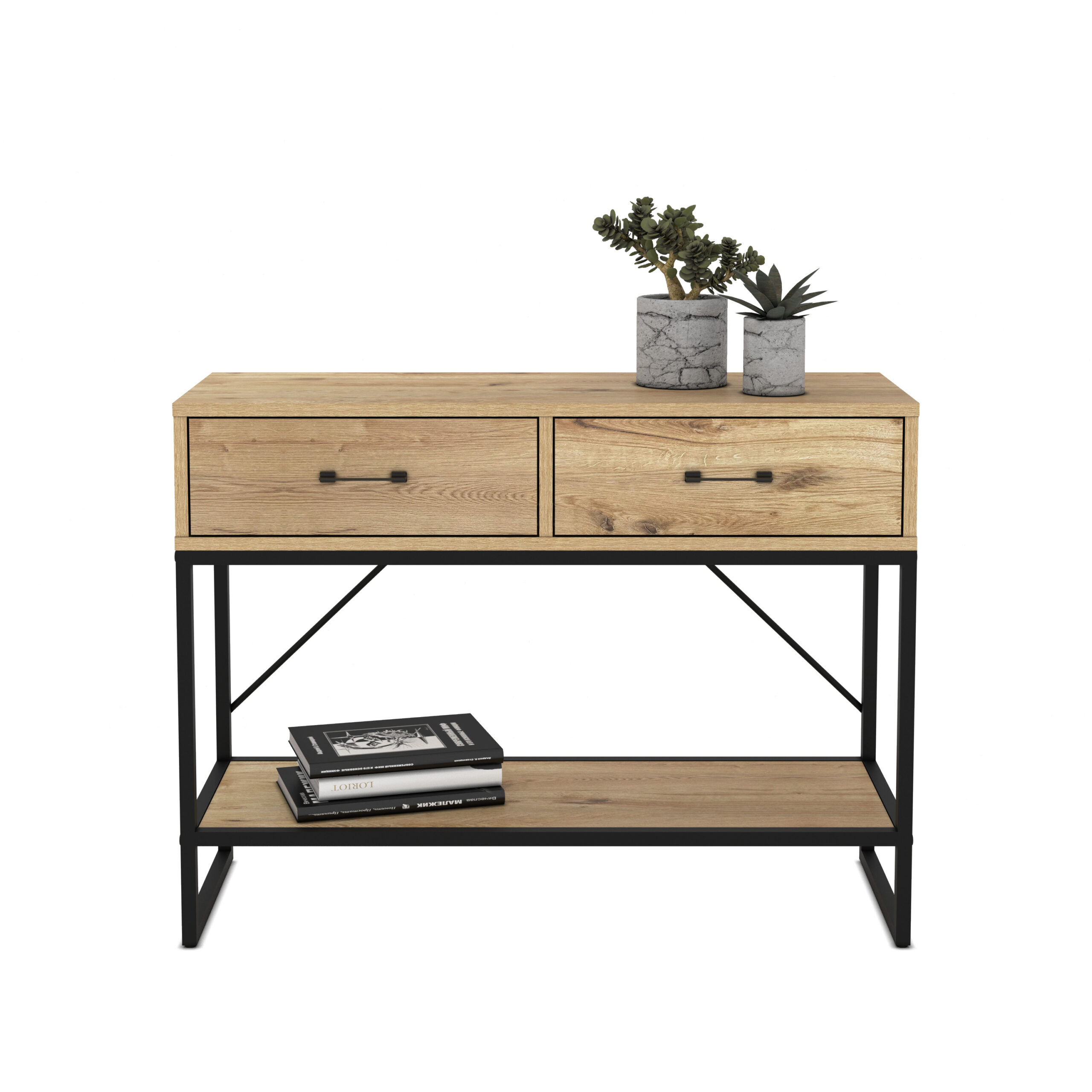 קונסולת כניסה למסדרון לבית מעוצבת עץ אלון מעושן ומתכת שחורה דגם שרית