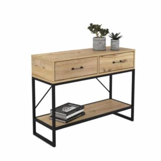 קונסולת כניסה למסדרון לבית מעוצבת עץ אלון ומתכת שחורה + 2 מגירות דגם יובל