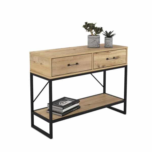 קונסולת כניסה למסדרון לבית מעוצבת עץ אלון ומתכת שחורה + 2 מגירות דגם יובל