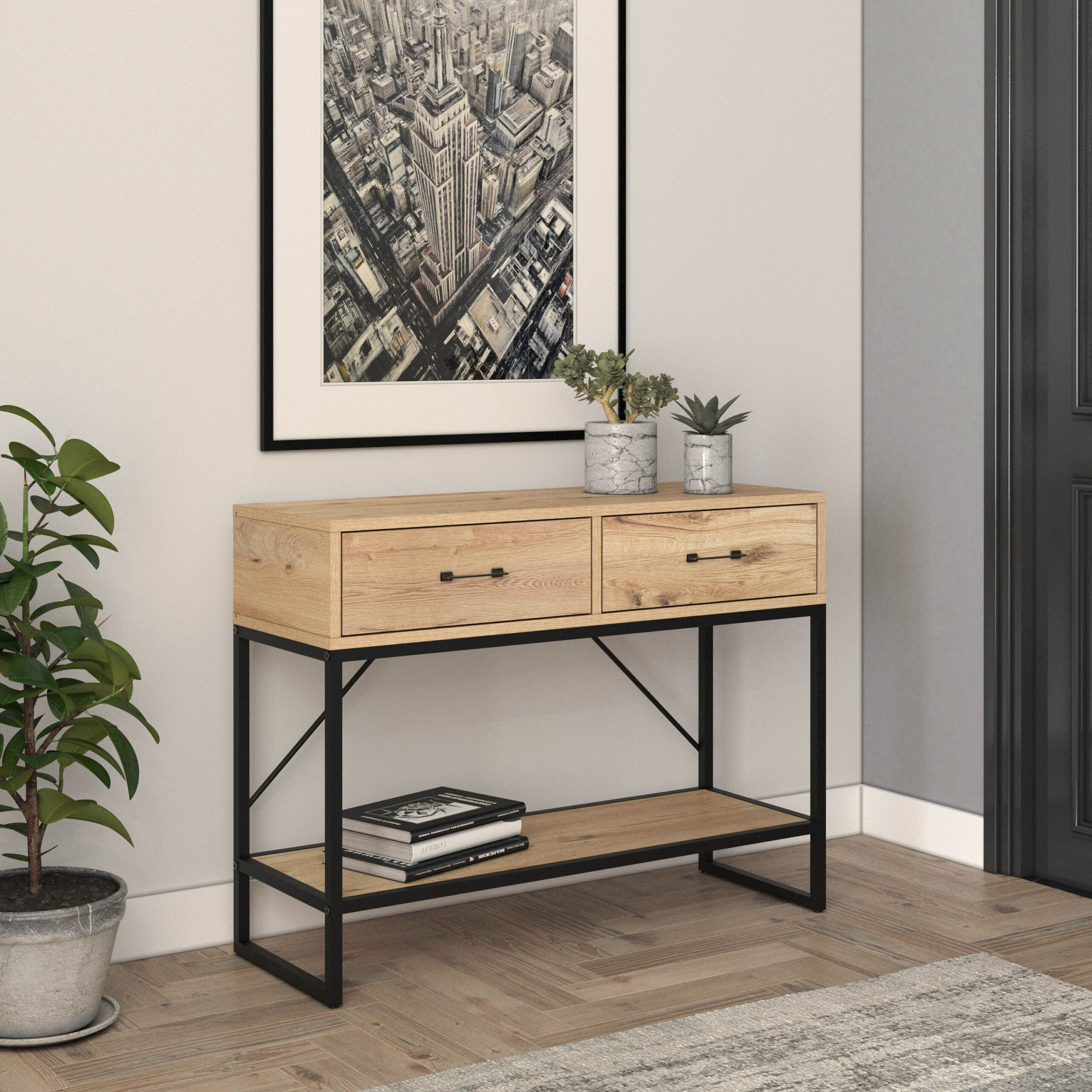 קונסולת כניסה למסדרון לבית מעוצבת עץ אלון מעושן ומתכת שחורה דגם שרית