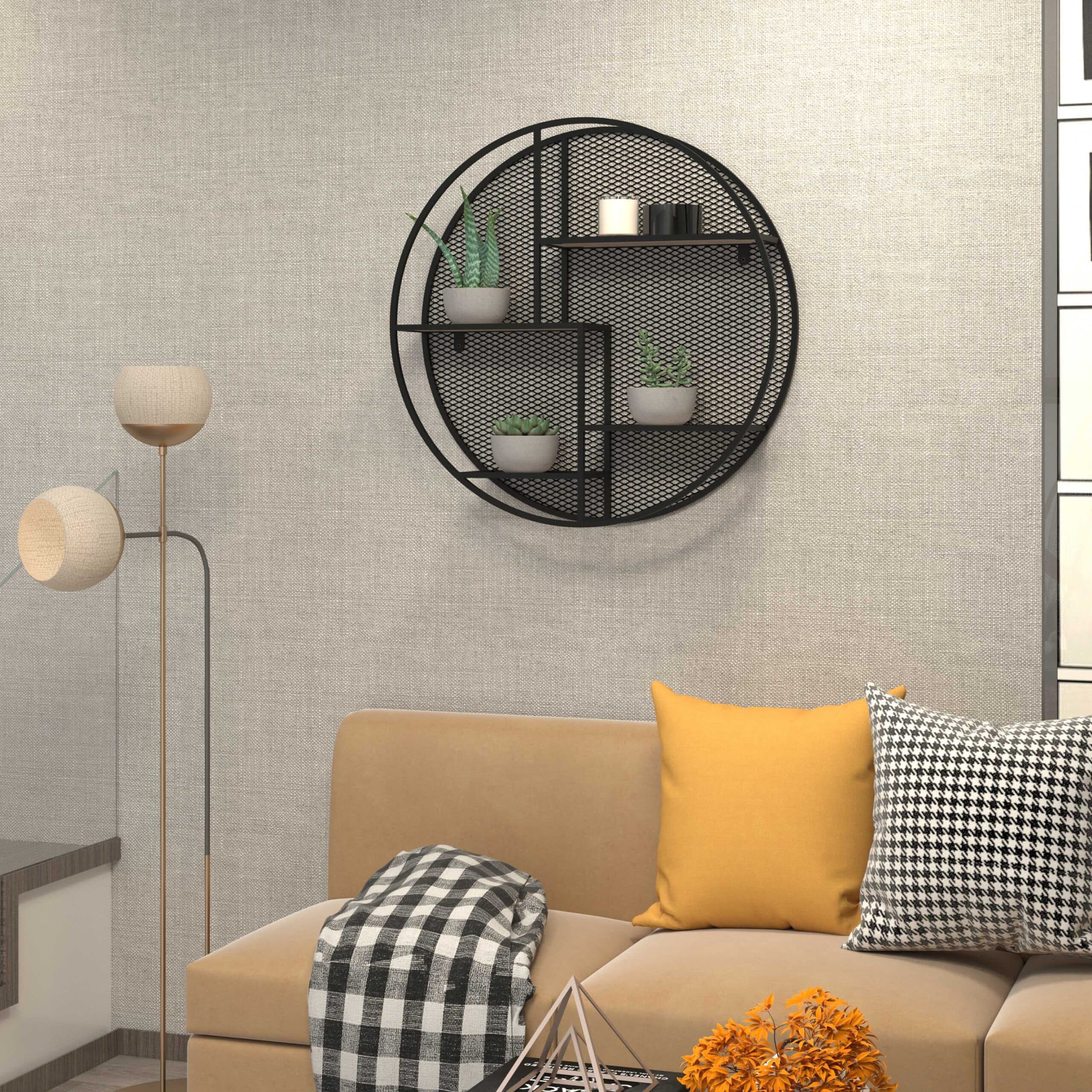 כוננית 4 מדפים מעוצבת עיגול עם רשת לתליה על קיר דגם יואב שחור