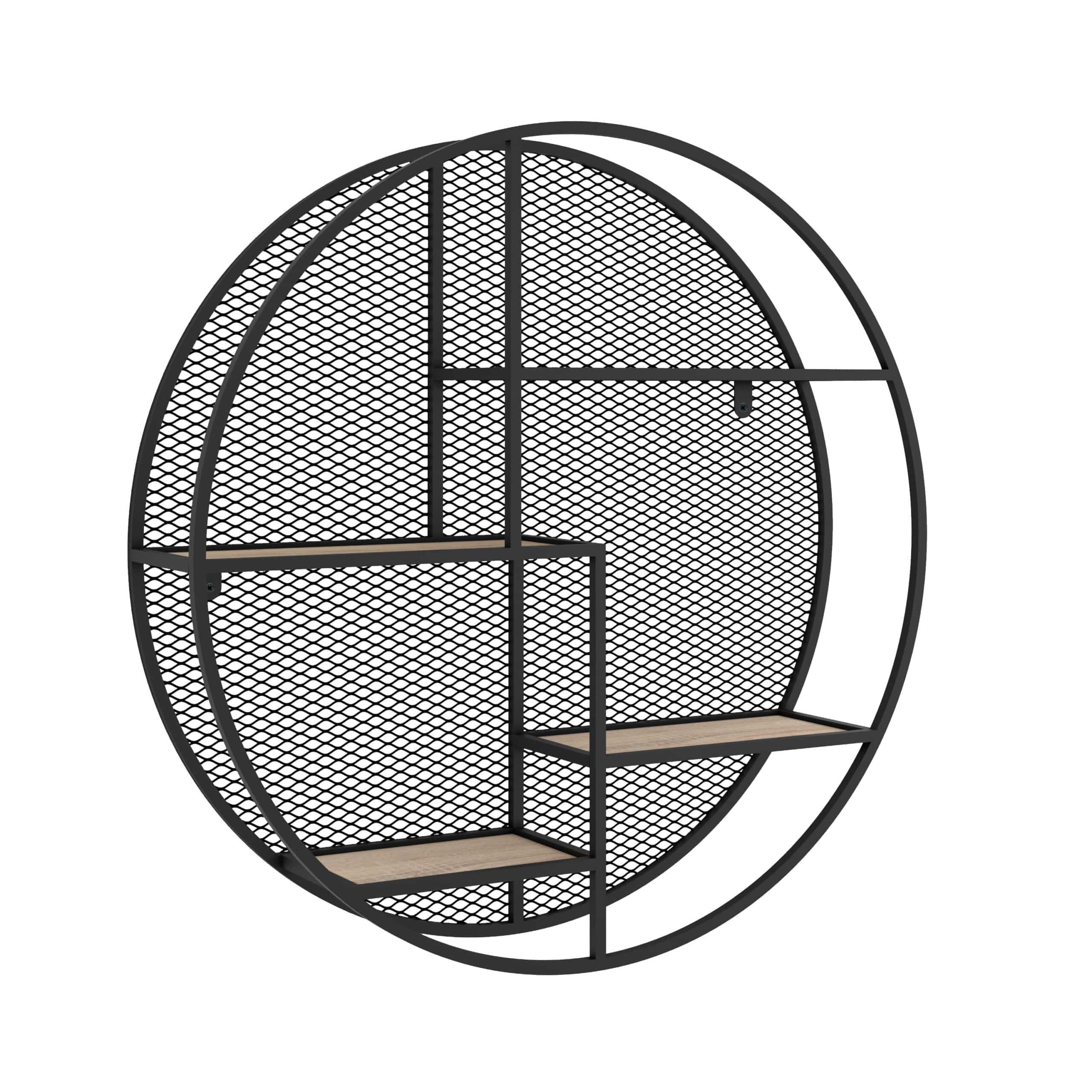 כוננית 4 מדפים מעוצבת עיגול עם רשת לתליה על קיר דגם יואב שחור