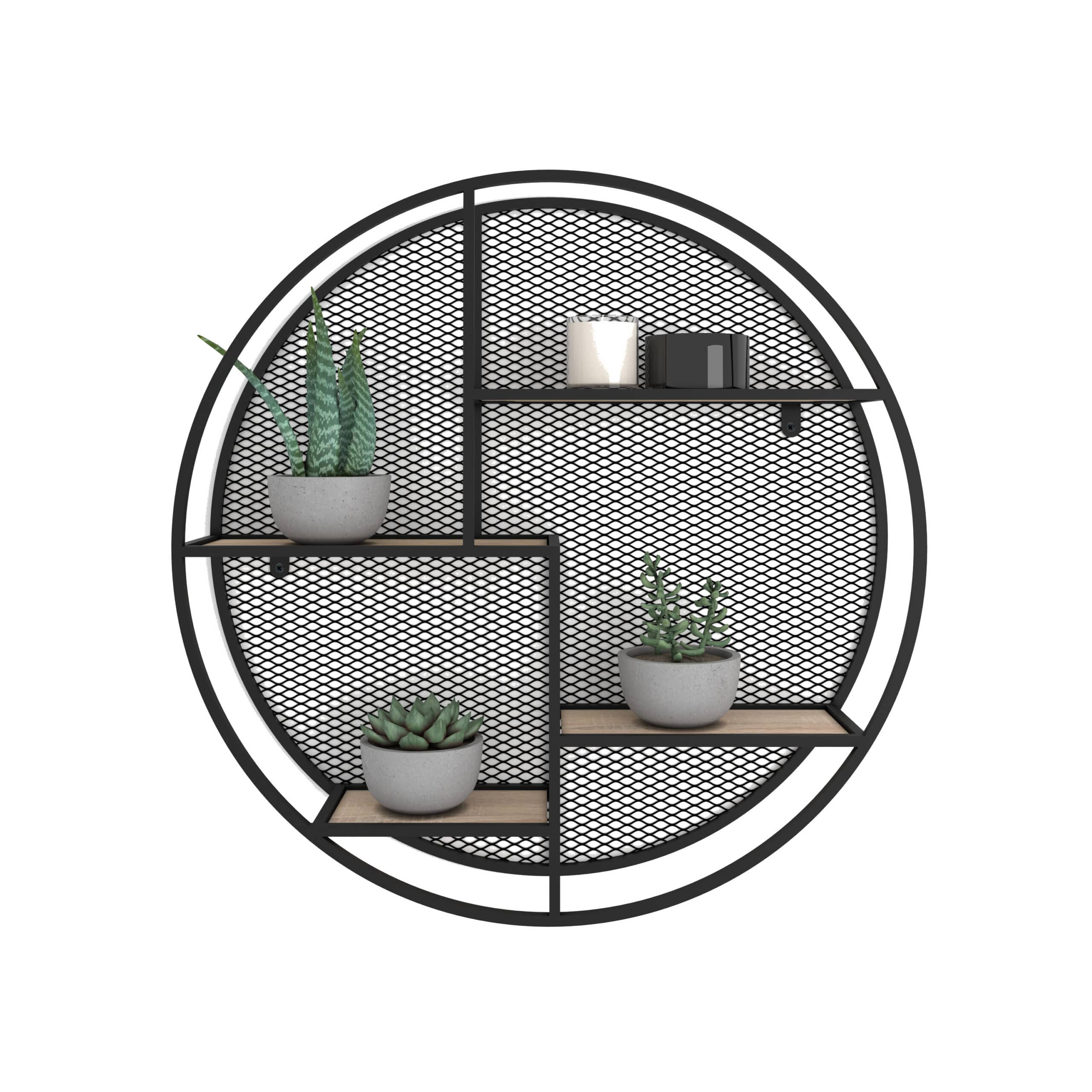 כוננית 4 מדפים מעוצבת עיגול עם רשת לתליה על קיר דגם יואב שחור